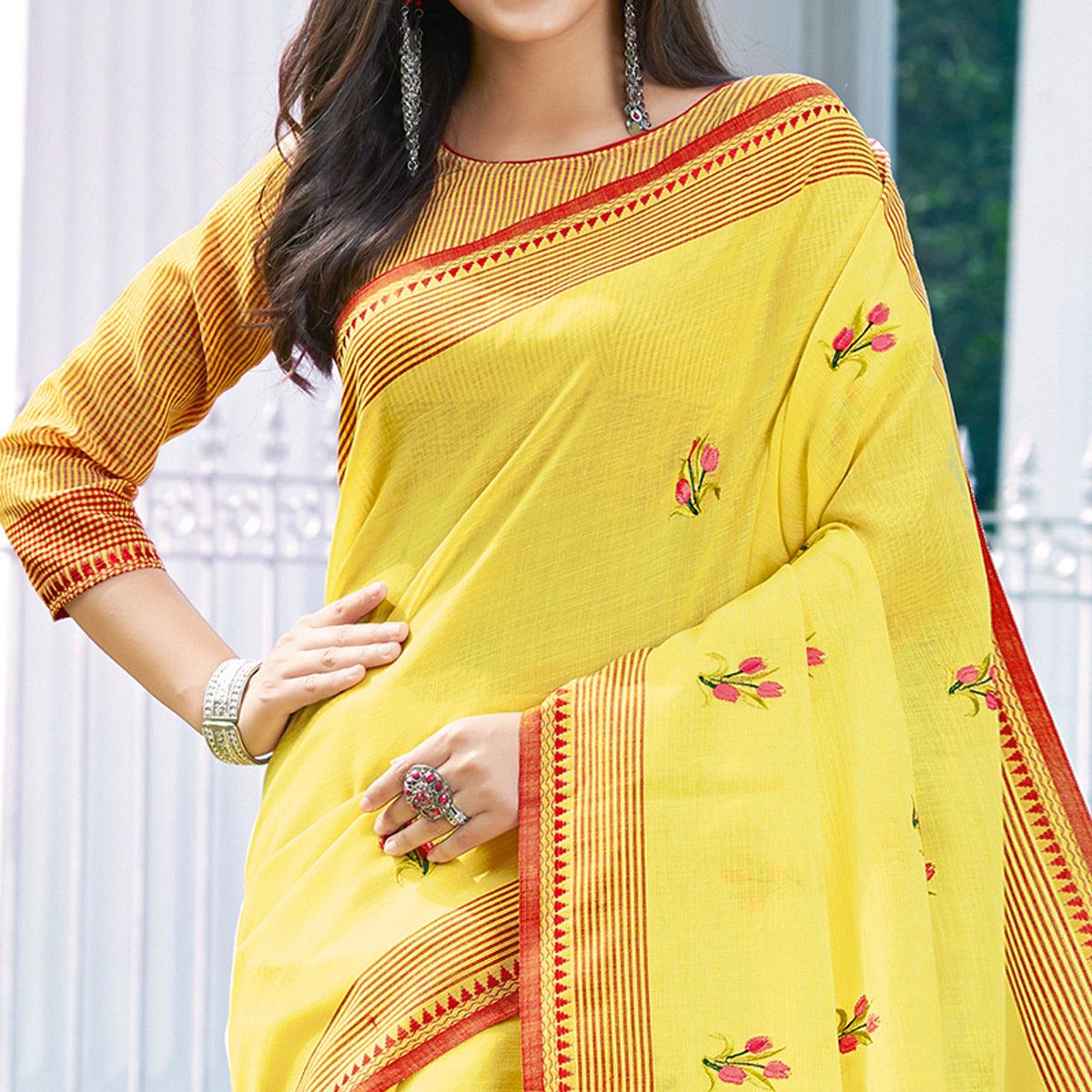 Mesmerising Yellow Colored Casual Wear Printed Linen Cotton Saree - Peachmode