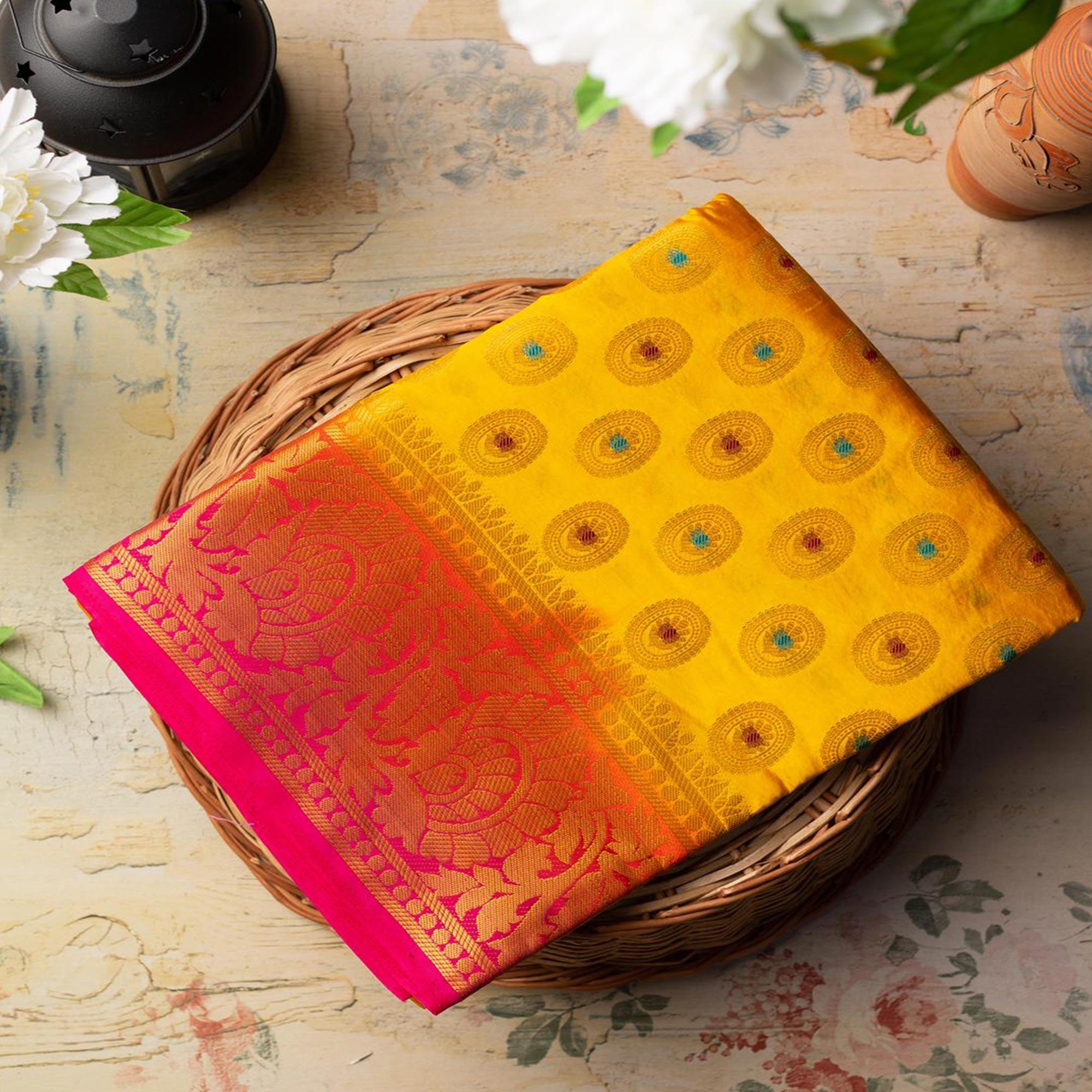 Mesmerising Yellow Colored Festive Wear Woven Art Silk Saree - Peachmode
