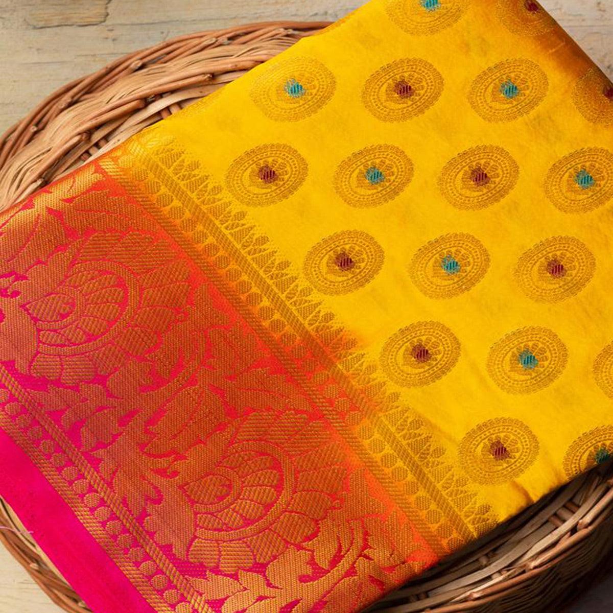 Mesmerising Yellow Colored Festive Wear Woven Art Silk Saree - Peachmode