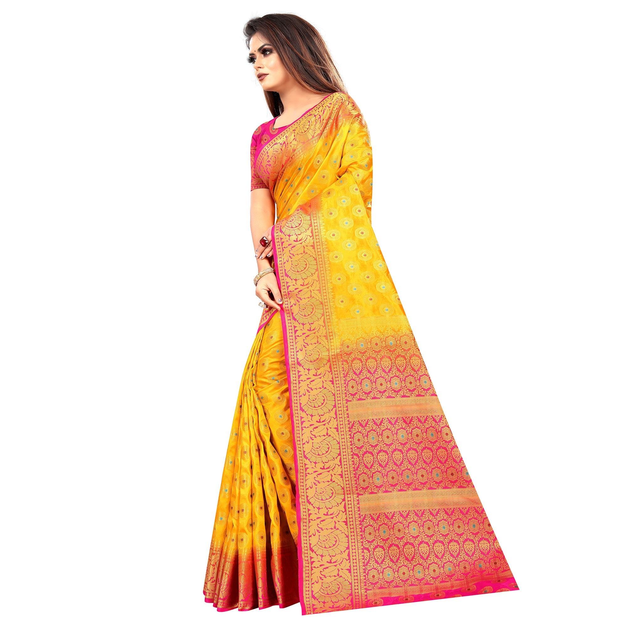 Mesmerising Yellow Colored Festive Wear Woven Art Silk Saree - Peachmode
