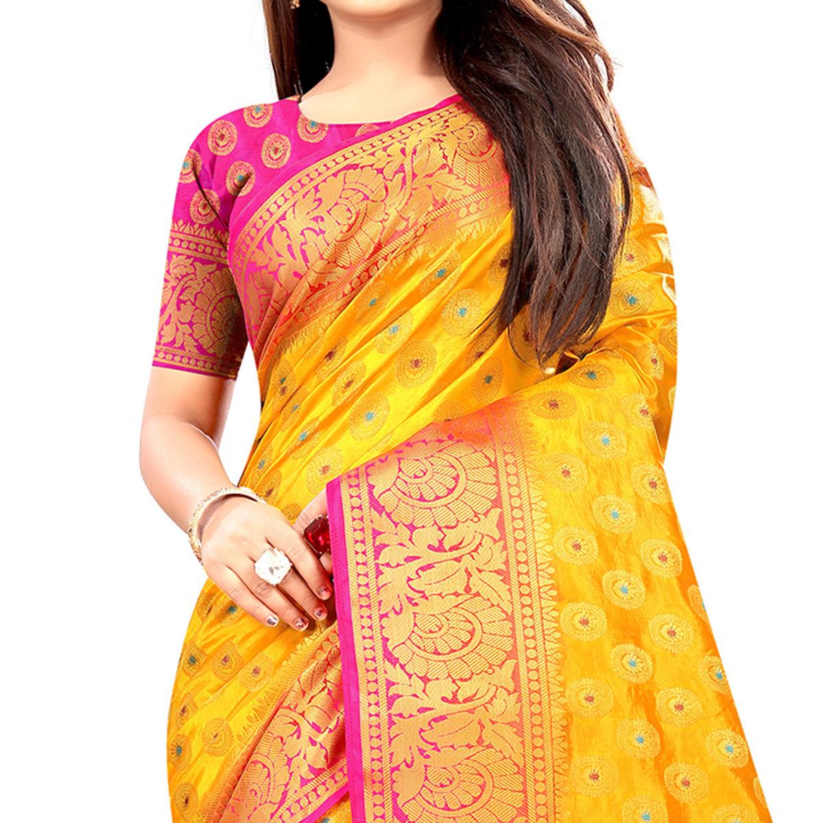 Mesmerising Yellow Colored Festive Wear Woven Art Silk Saree - Peachmode