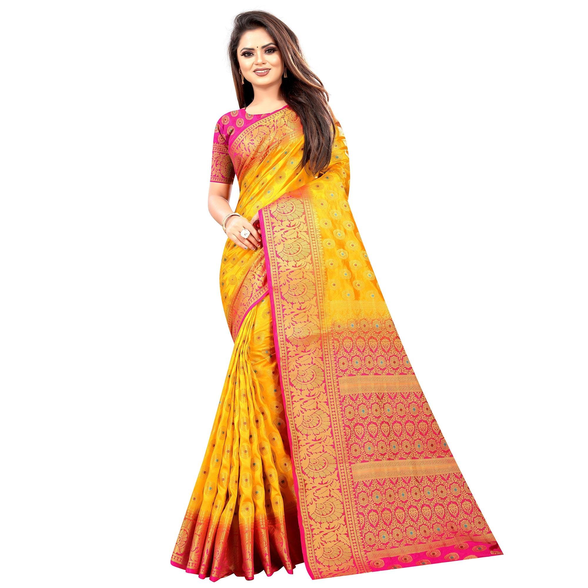 Mesmerising Yellow Colored Festive Wear Woven Art Silk Saree - Peachmode