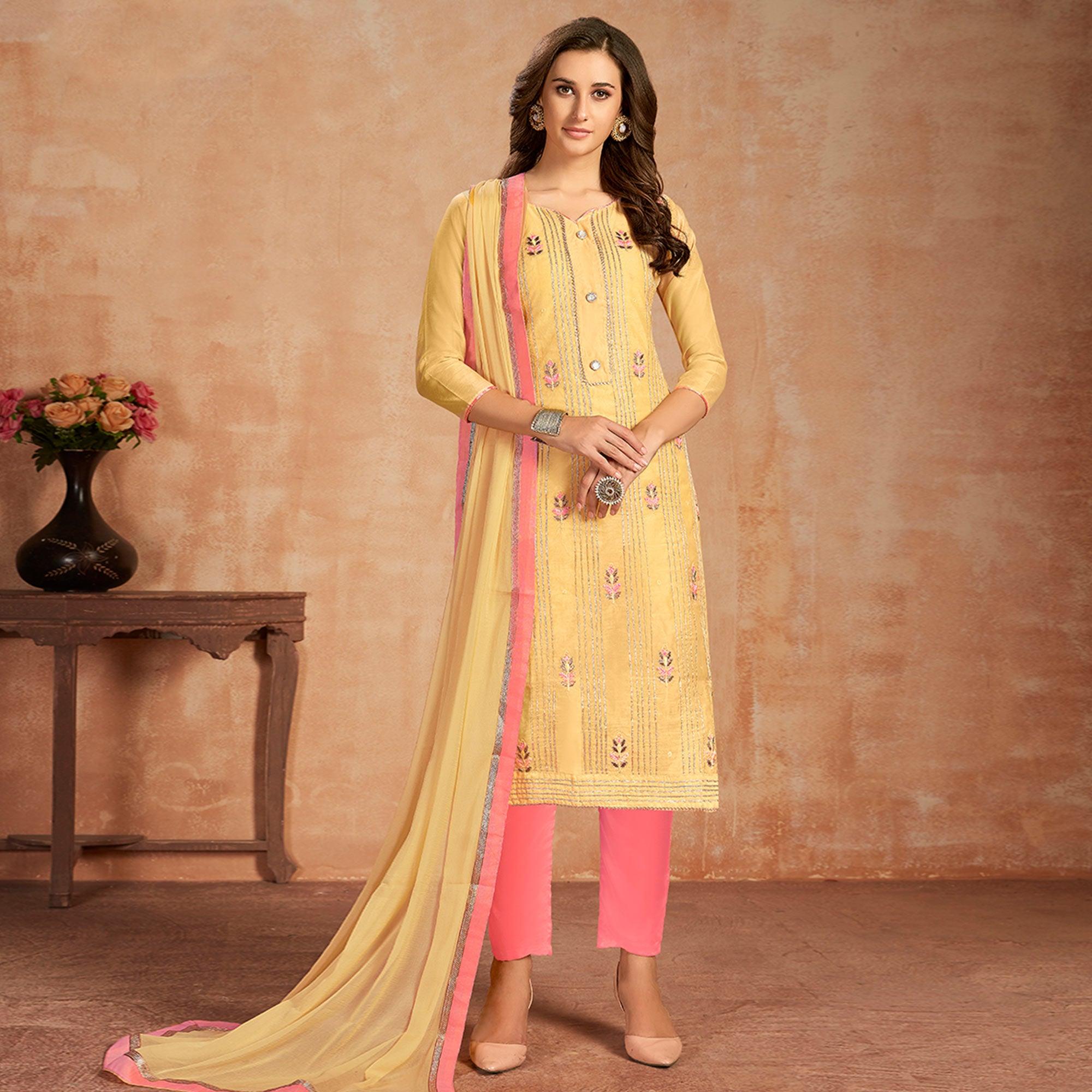 Mesmerising Yellow Colored Partywear Embroidered Pure Cotton Dress Material - Peachmode