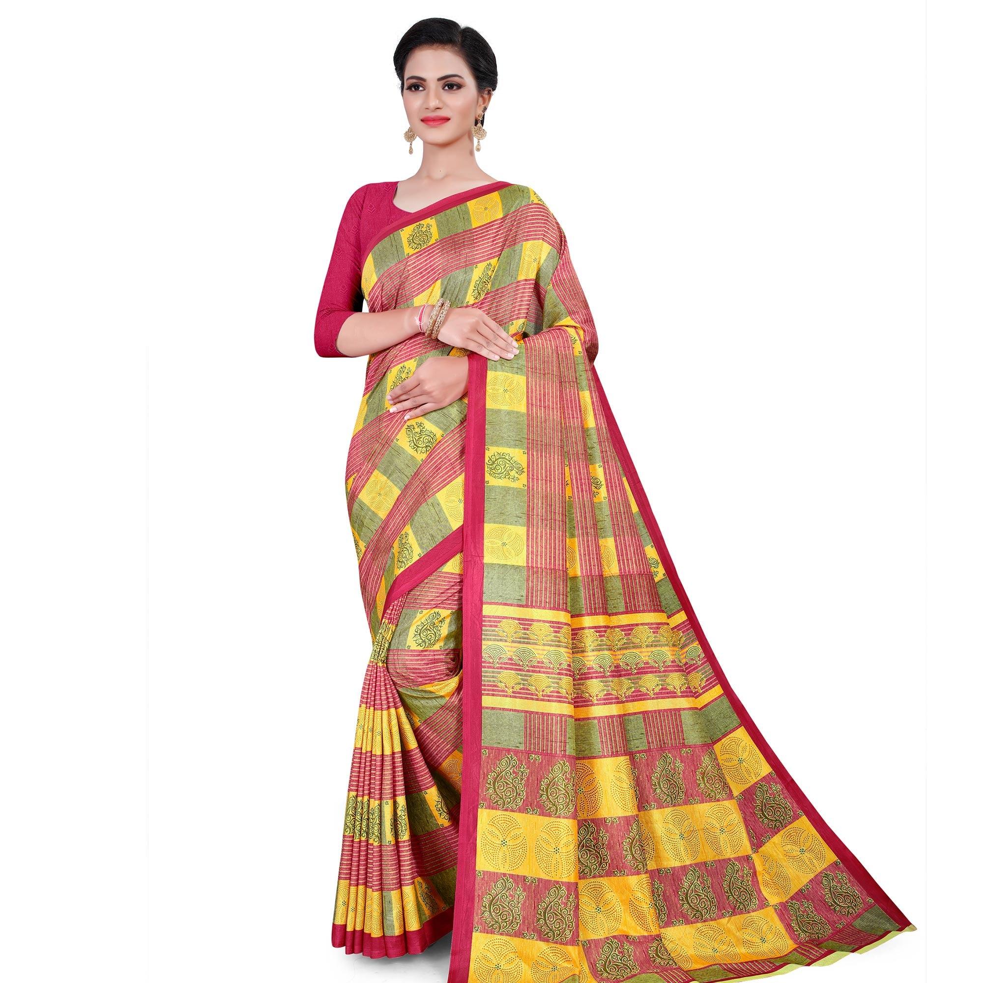 Mesmerising Yellow - Pink Colored Casual Wear Printed Cotton Saree - Peachmode
