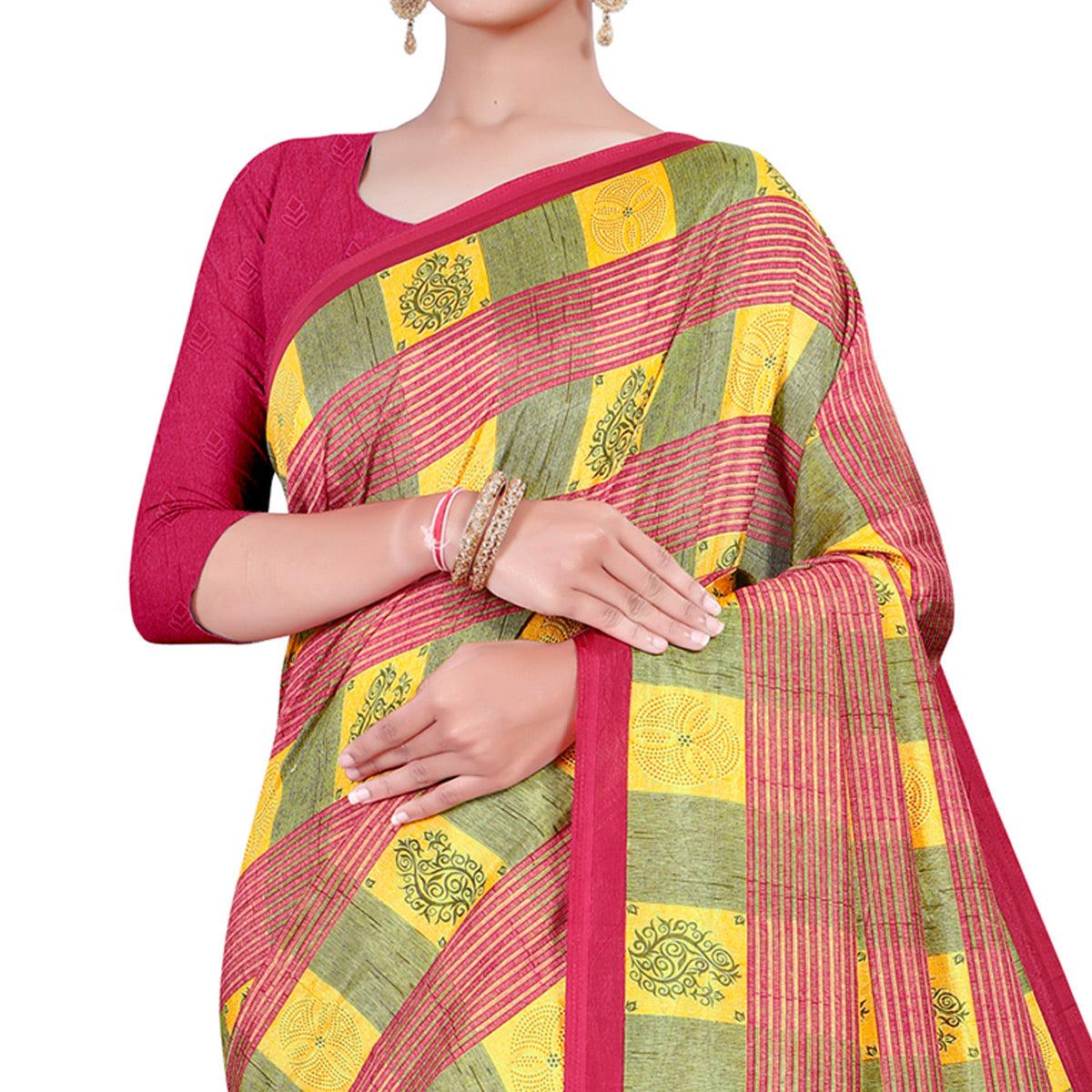 Mesmerising Yellow - Pink Colored Casual Wear Printed Cotton Saree - Peachmode