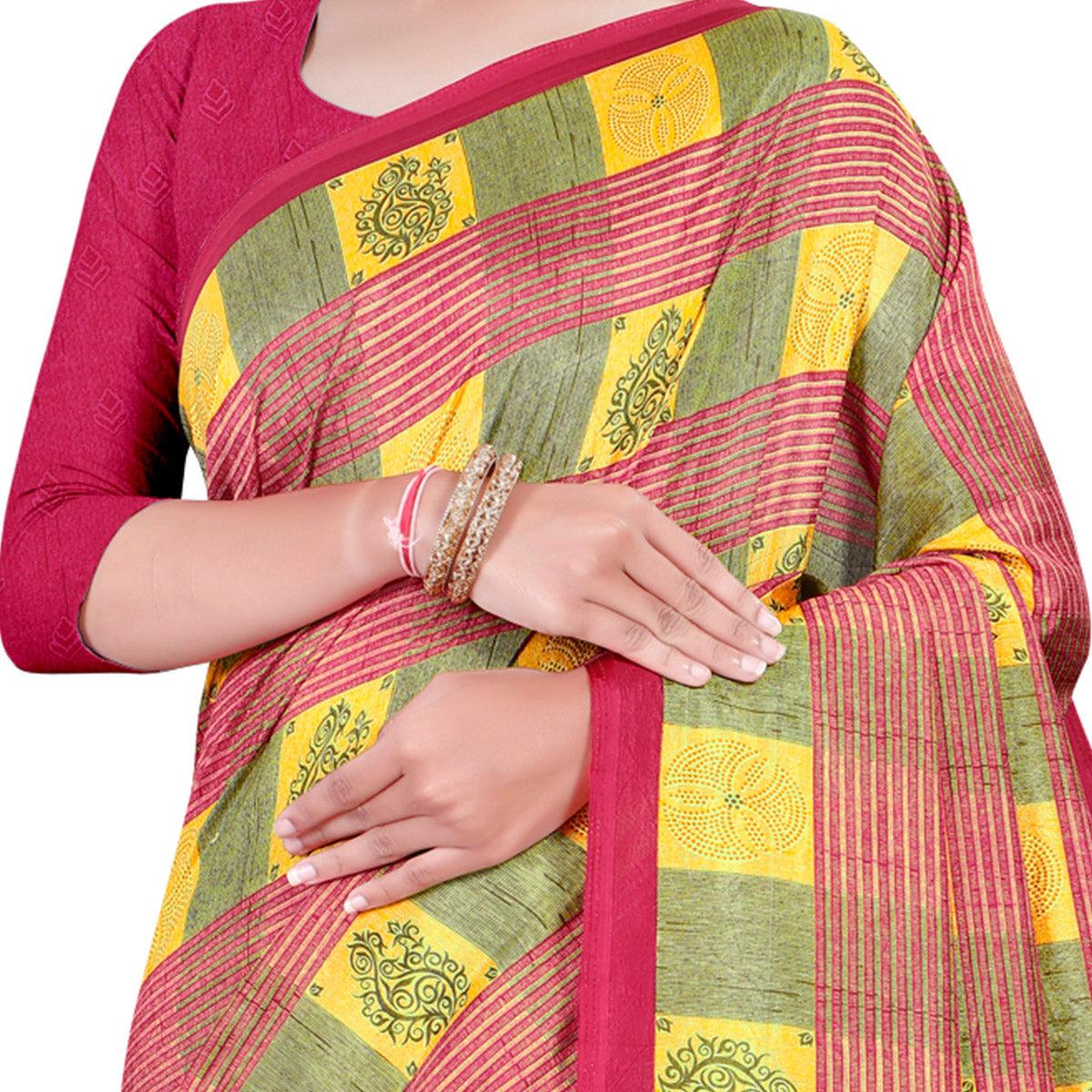 Mesmerising Yellow - Pink Colored Casual Wear Printed Cotton Saree - Peachmode