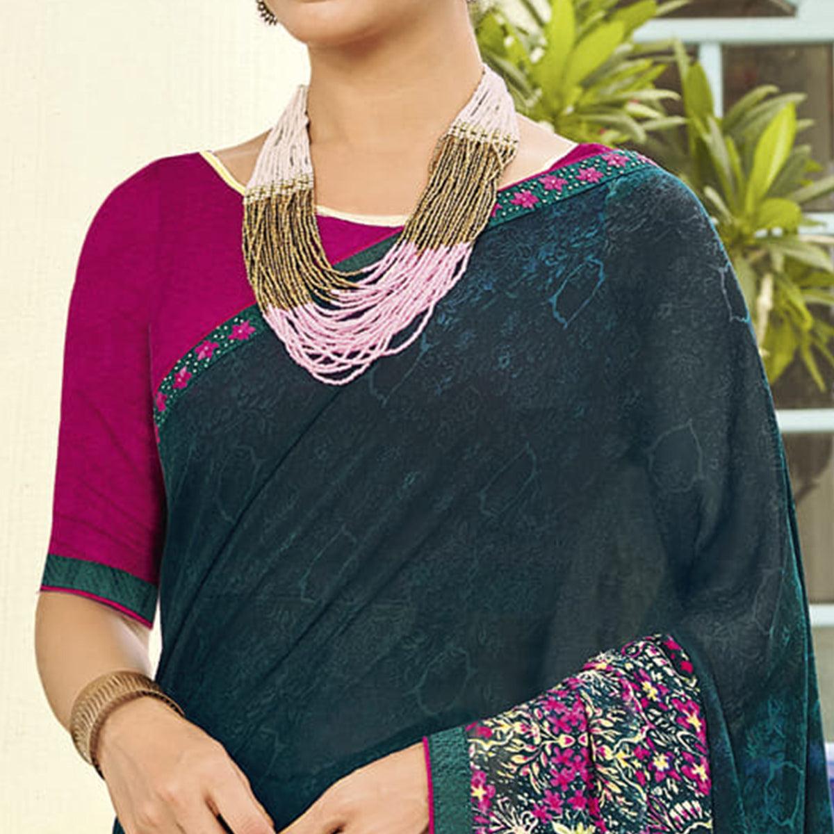 Mid Night Blue Partywear Floral Printed Georgette Saree - Peachmode