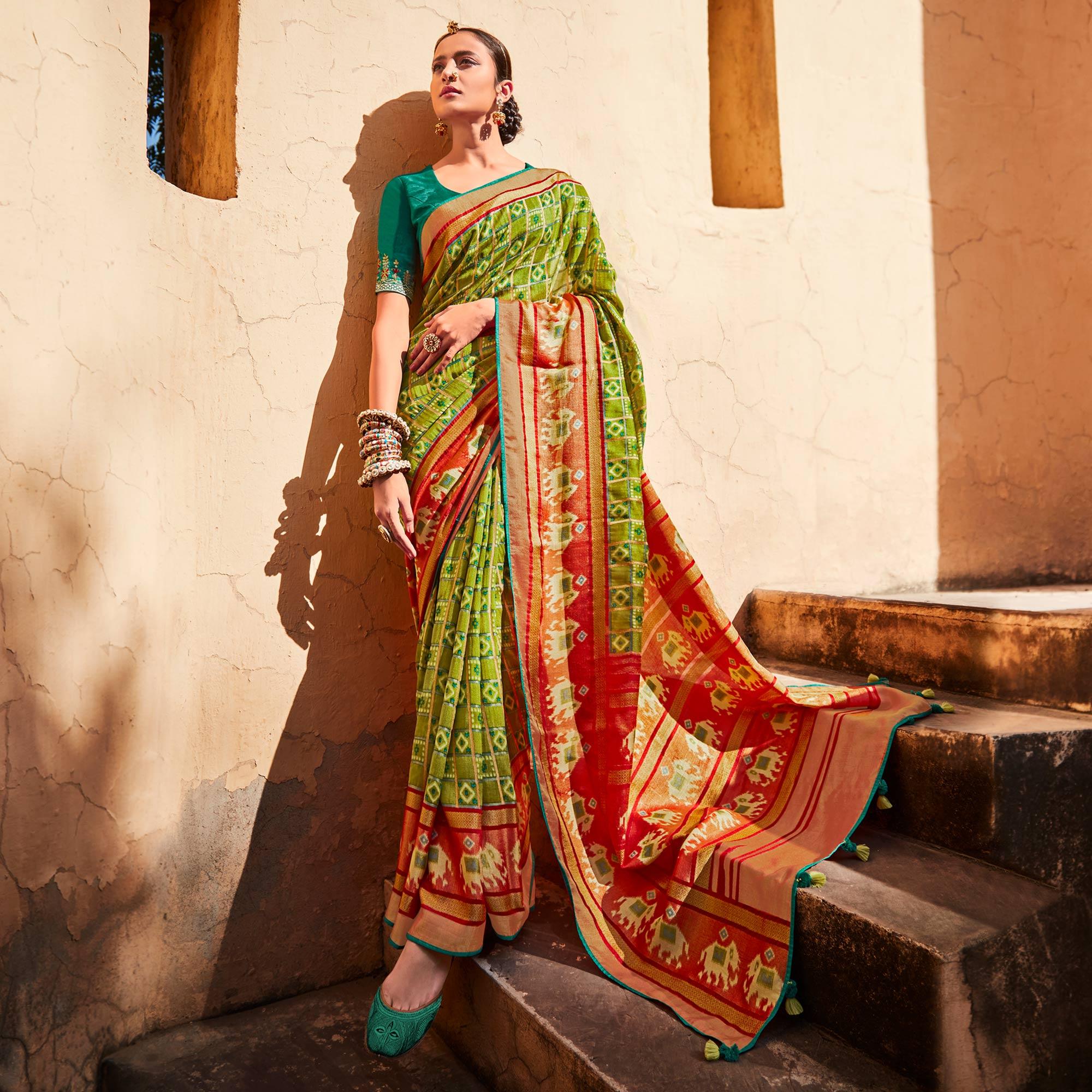 Mint Green & Red Festive Wear Printed Silk Saree - Peachmode