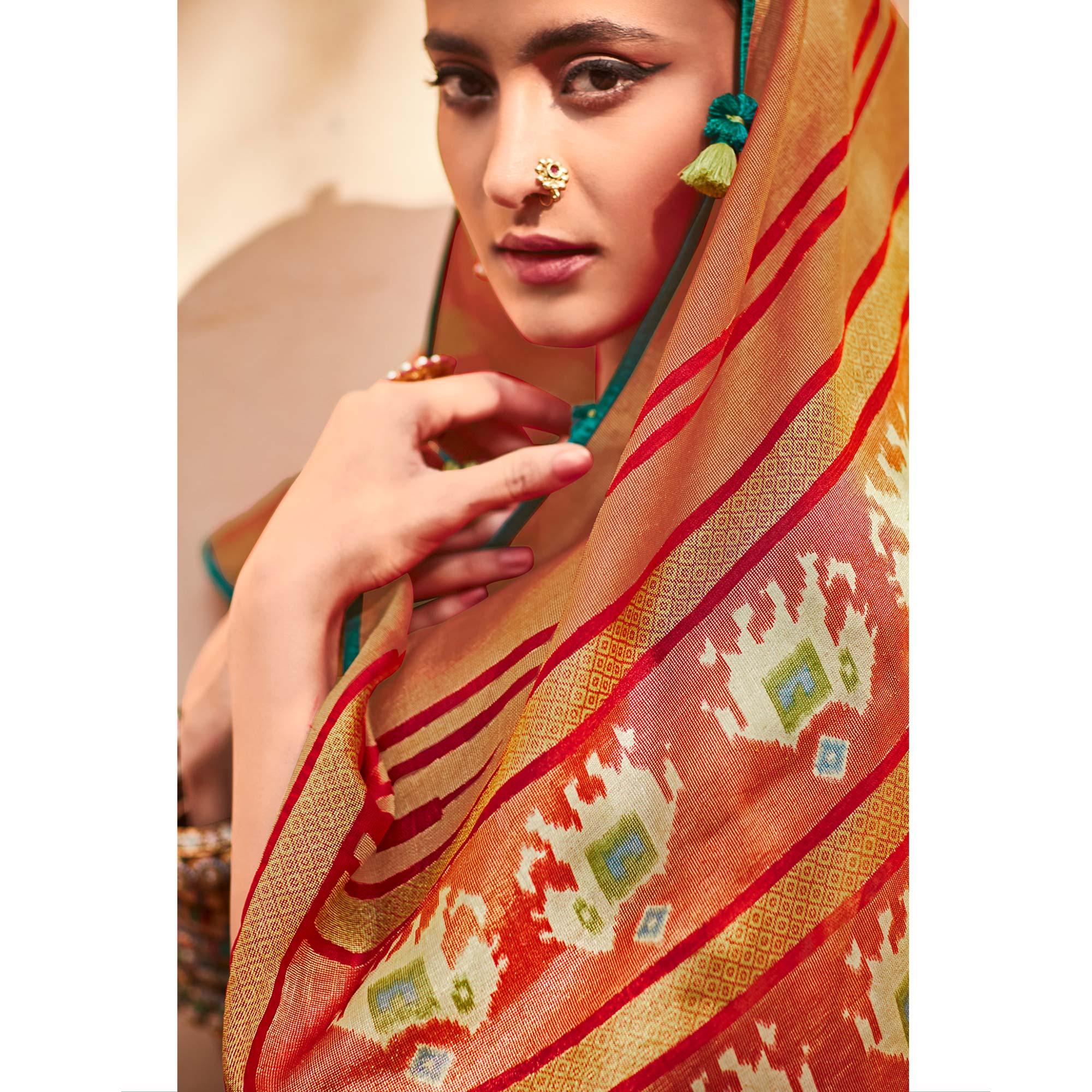 Mint Green & Red Festive Wear Printed Silk Saree - Peachmode
