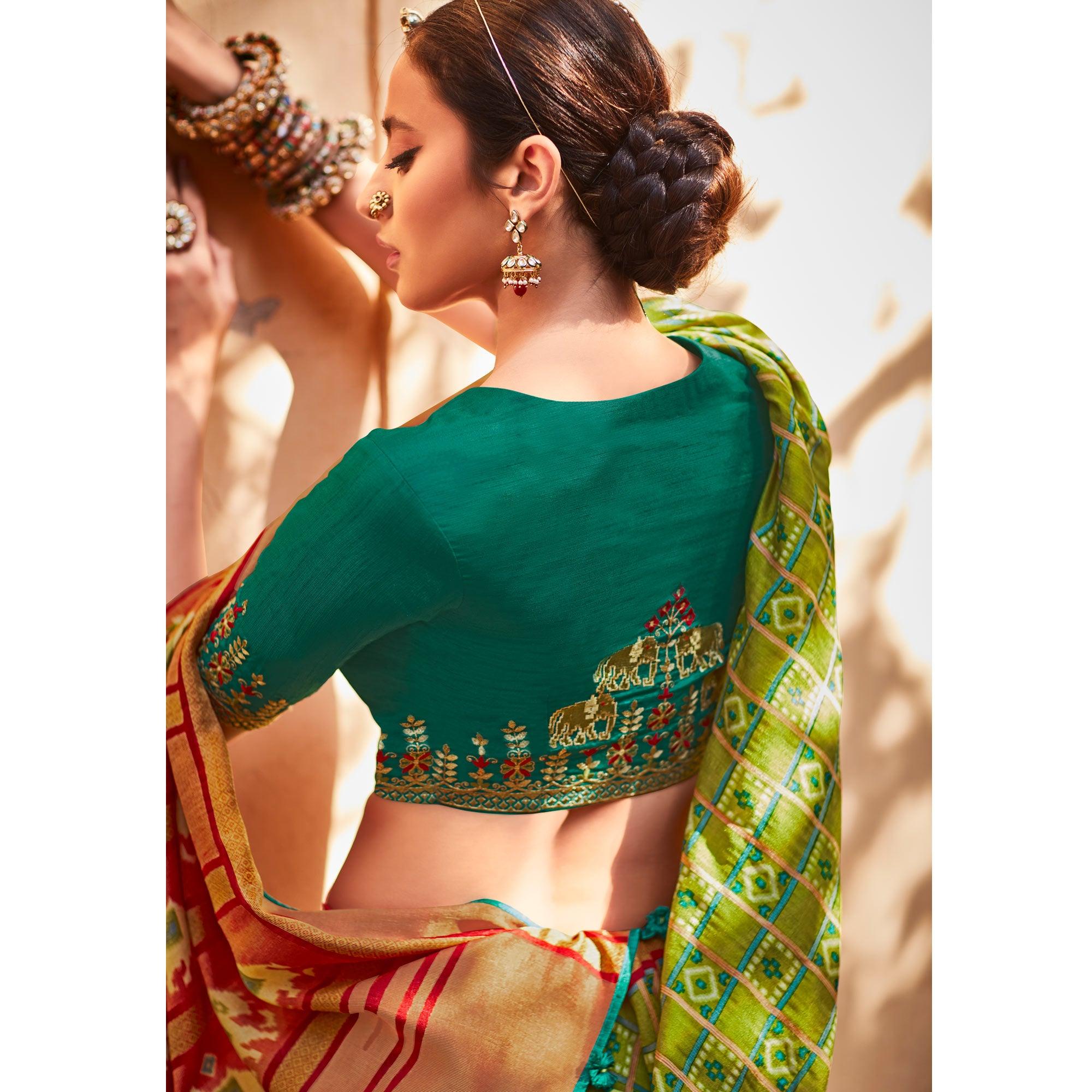 Mint Green & Red Festive Wear Printed Silk Saree - Peachmode