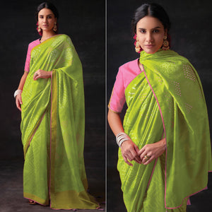 Mint Green Bandhani Printed Brasso Saree - Peachmode