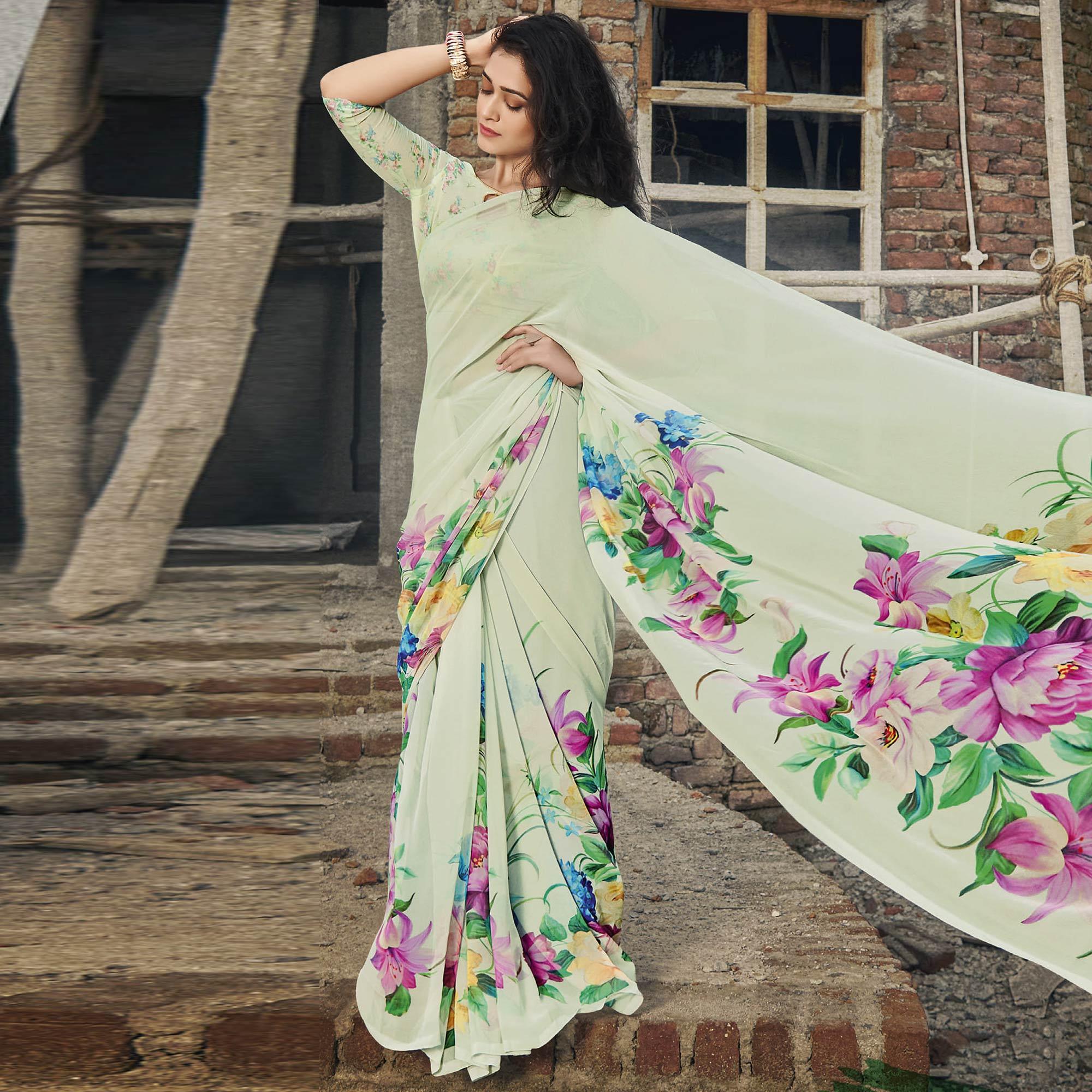 Mint Green Casual Wear Floral Printed Georgette Saree - Peachmode