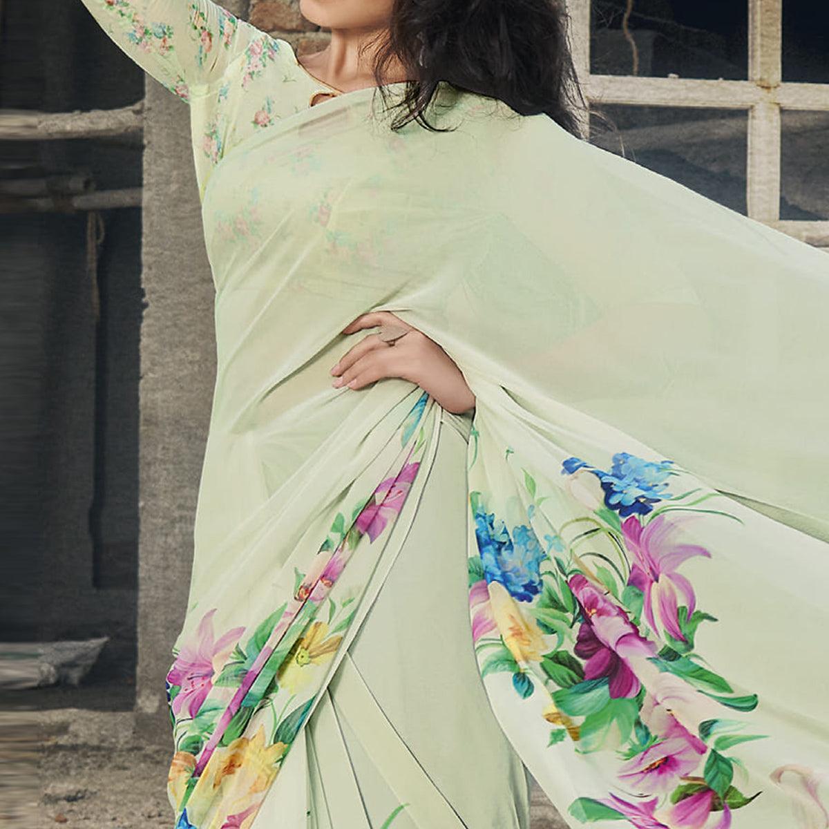 Mint Green Casual Wear Floral Printed Georgette Saree - Peachmode