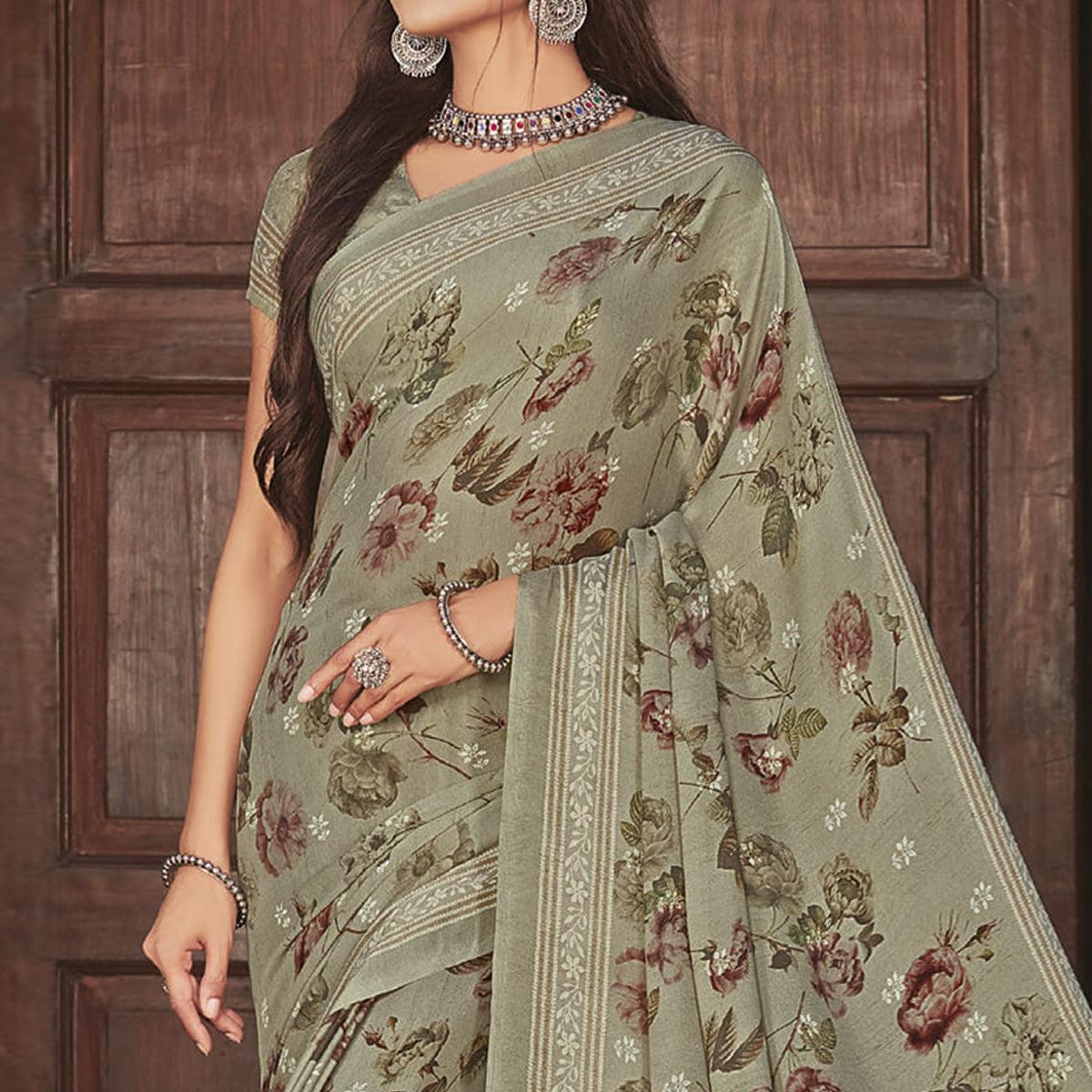 Mint Green Casual Wear Printed Crepe Saree - Peachmode