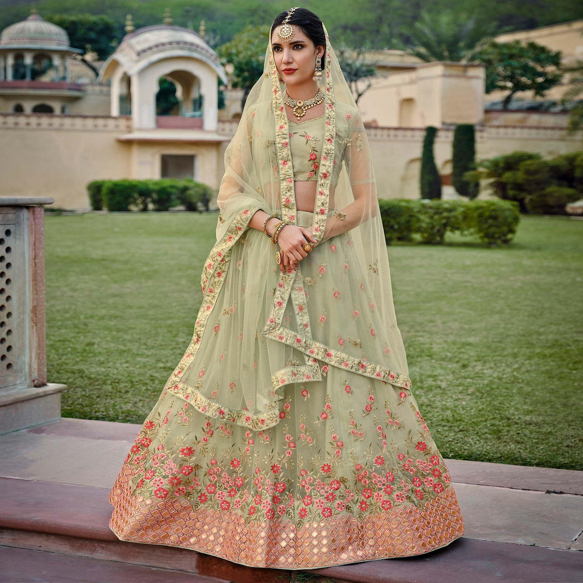 peach and mint bridesmaid dresses Bride Mint Green Embellished Embroidered Net Lehenga Choli Dillard's at Independence Center Color:ORANGE PEEL A halter neck gown caitlynpractice