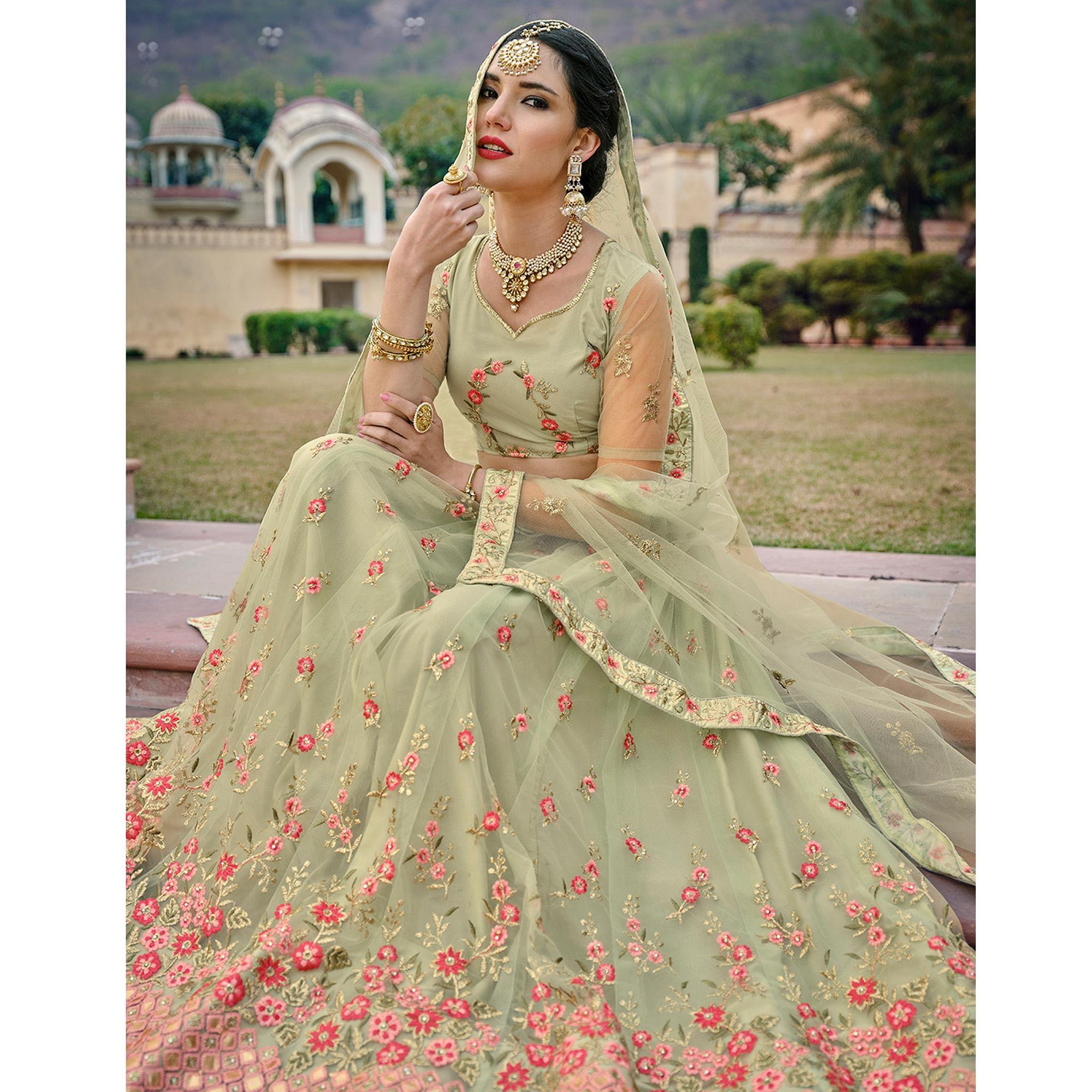 Mint Green Embellished & Embroidered Net Lehenga Choli - Peachmode