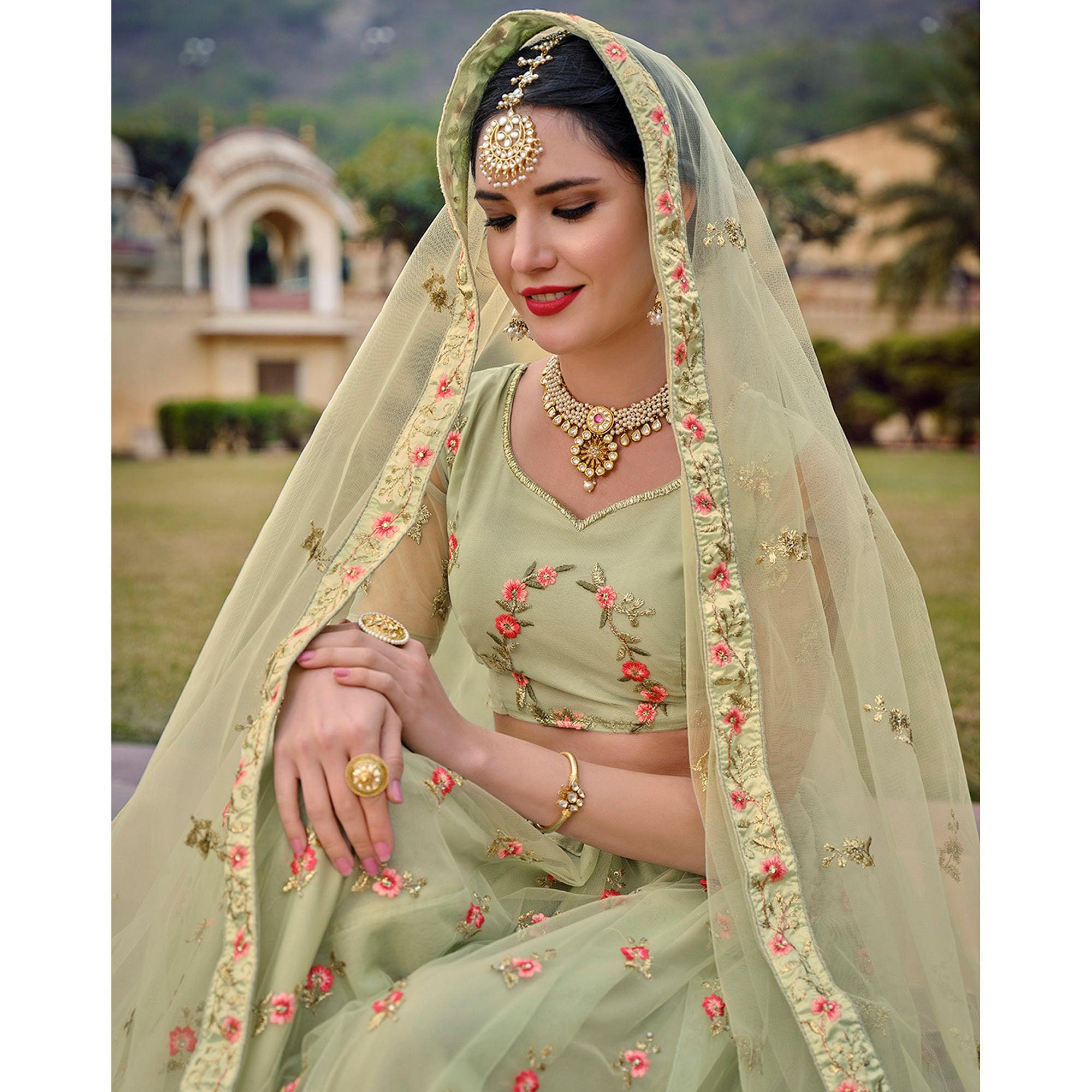Mint Green Embellished & Embroidered Net Lehenga Choli - Peachmode