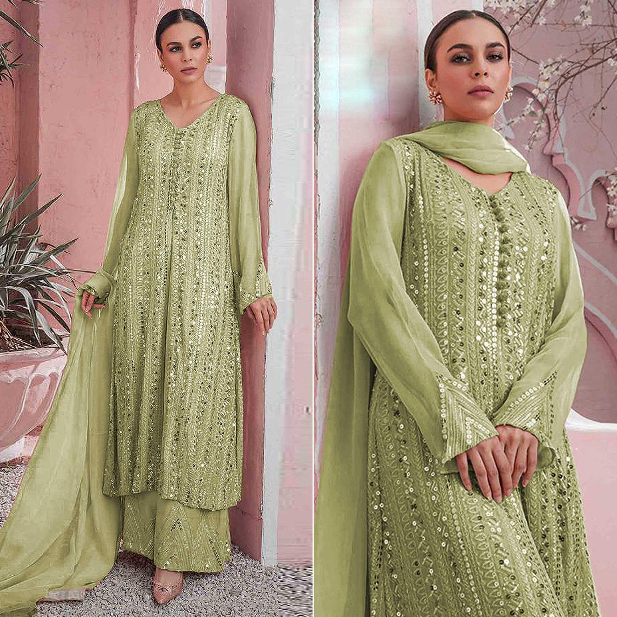 Mint-Green Embellished With Embroidered Georgette Palazzo Suit - Peachmode