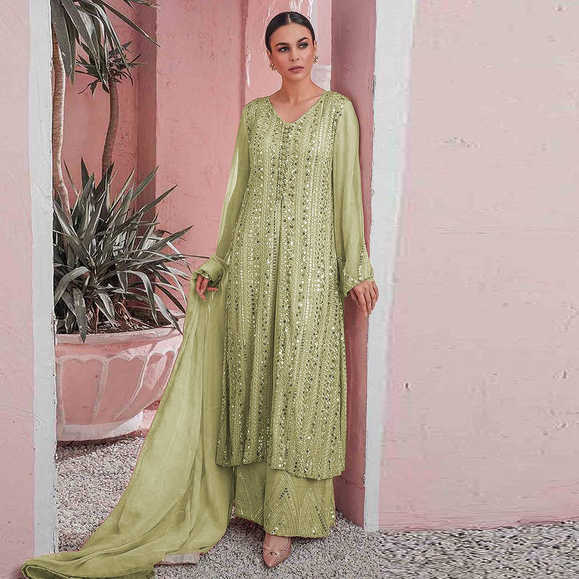 Mint-Green Embellished With Embroidered Georgette Palazzo Suit - Peachmode