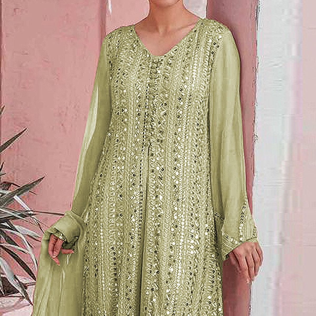 Mint-Green Embellished With Embroidered Georgette Palazzo Suit - Peachmode