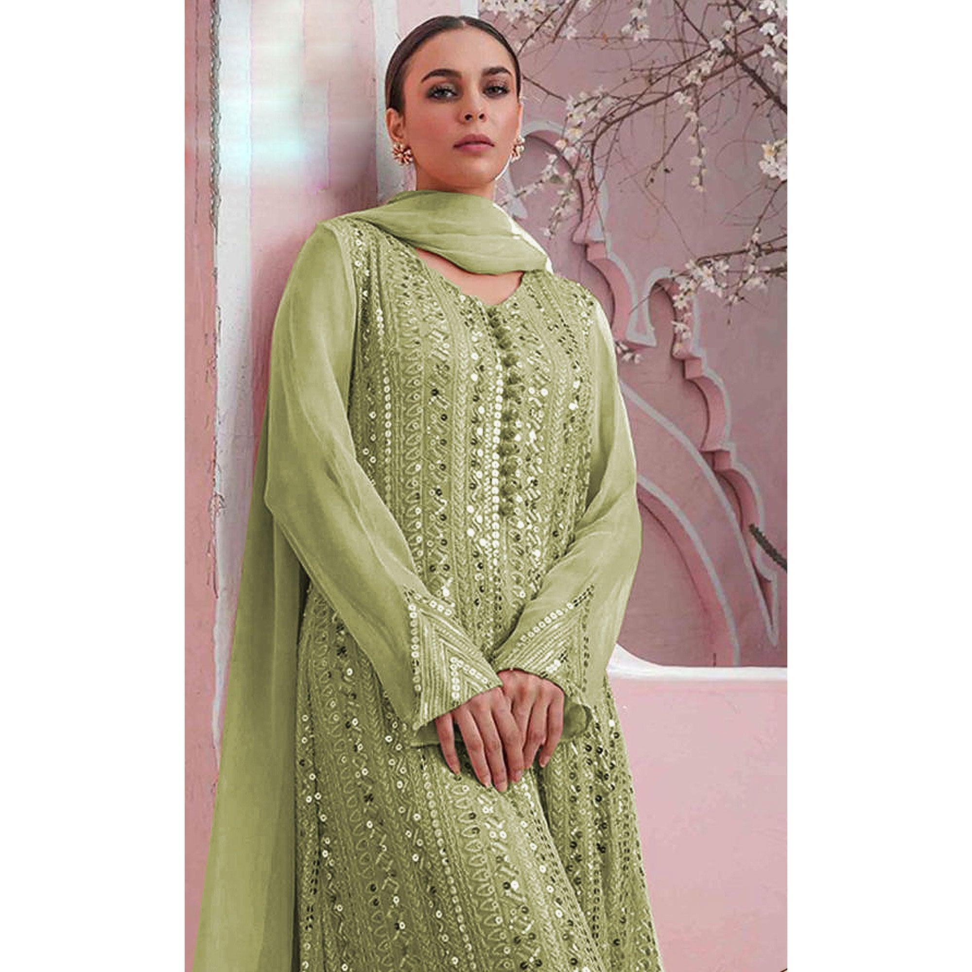 Mint-Green Embellished With Embroidered Georgette Palazzo Suit - Peachmode