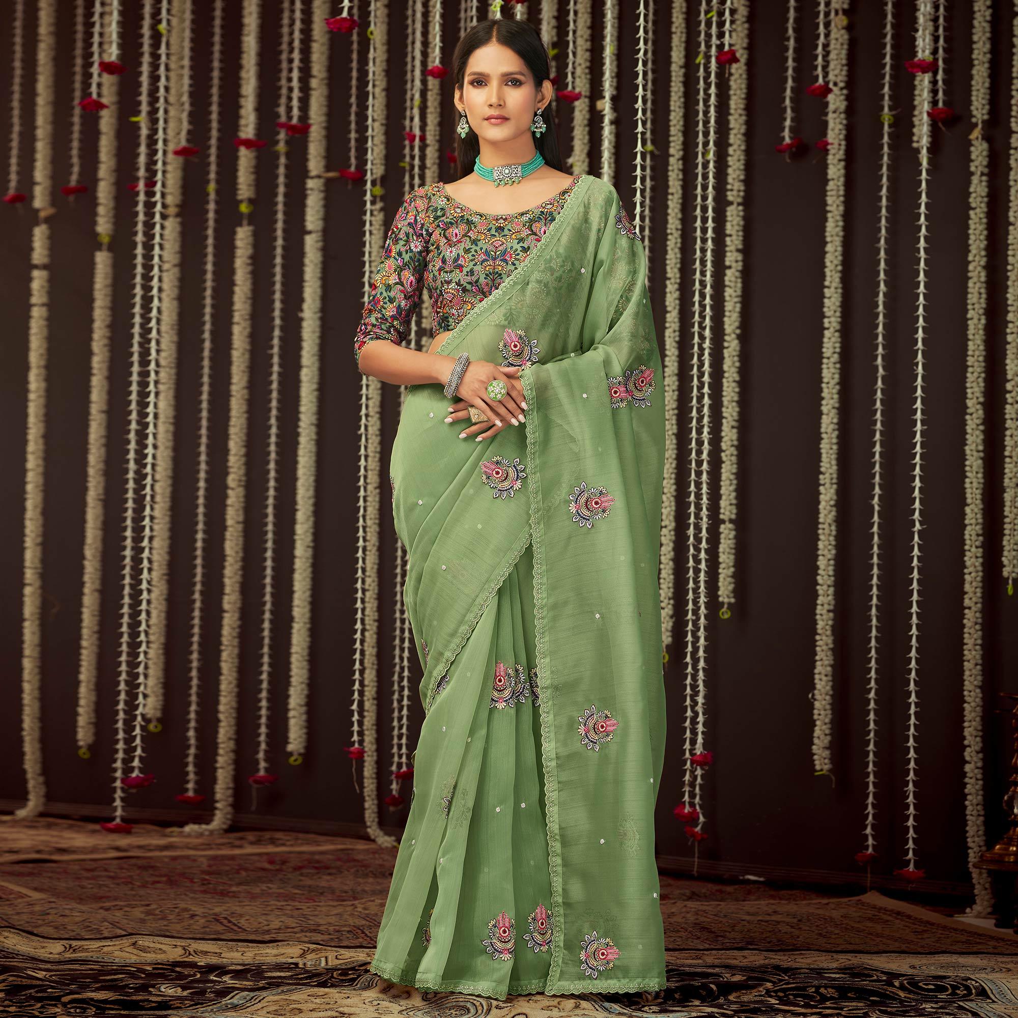 Mint Green Embroidered Organza Saree - Peachmode