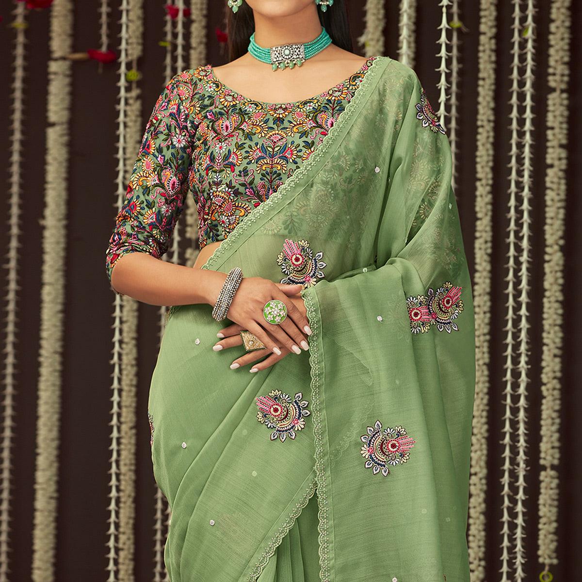 Mint Green Embroidered Organza Saree - Peachmode