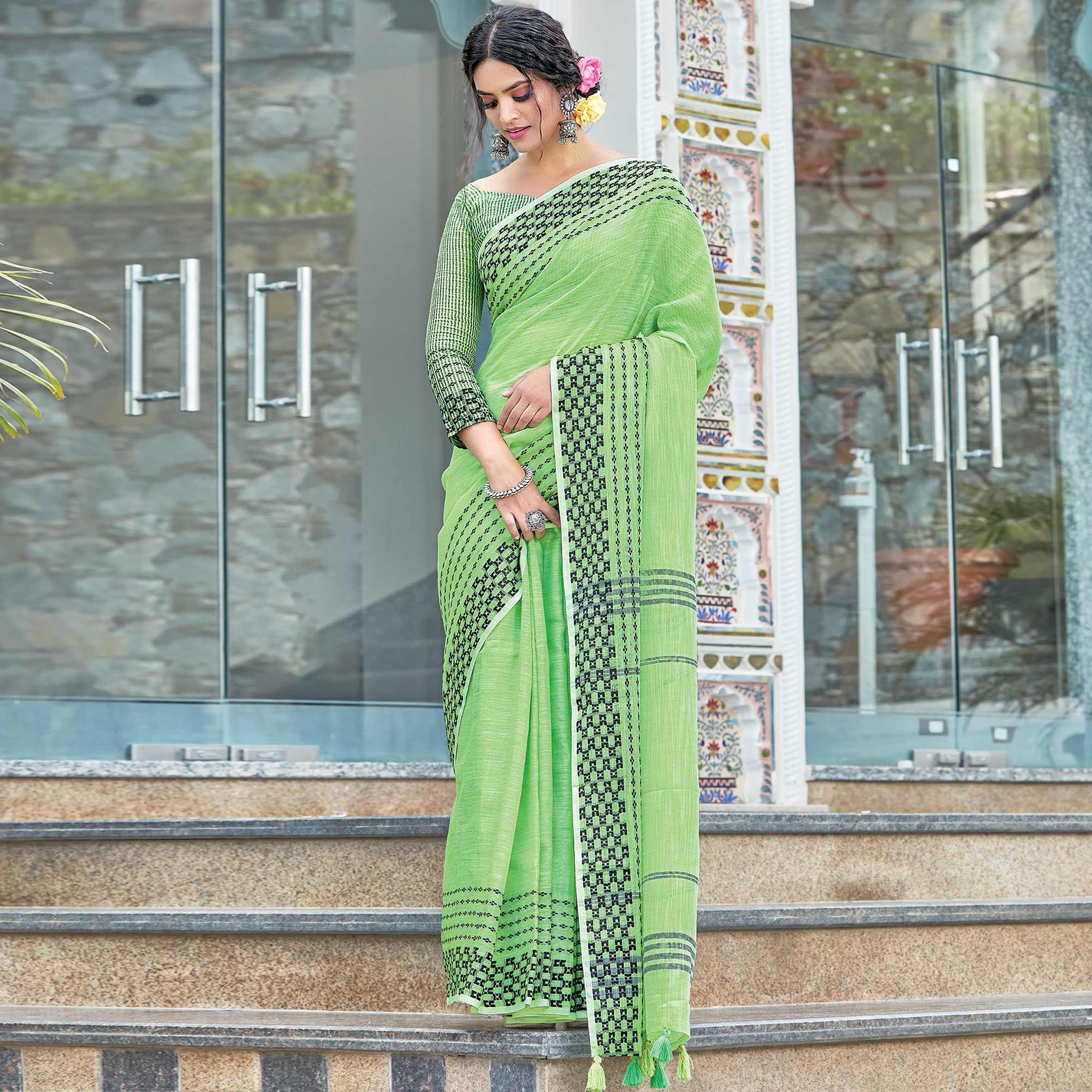 Mint Green Festive Wear Printed Linen Saree - Peachmode