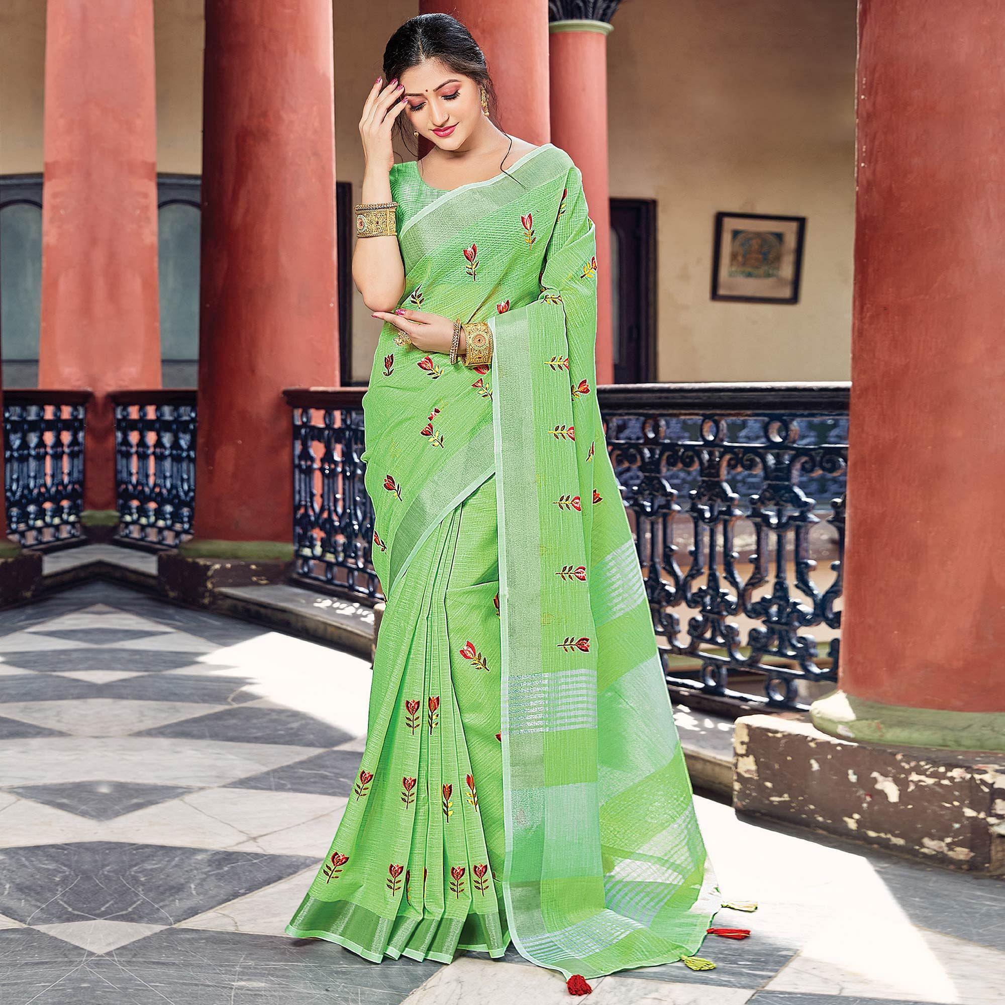 Mint Green Festive Wear Printed Linen Saree - Peachmode