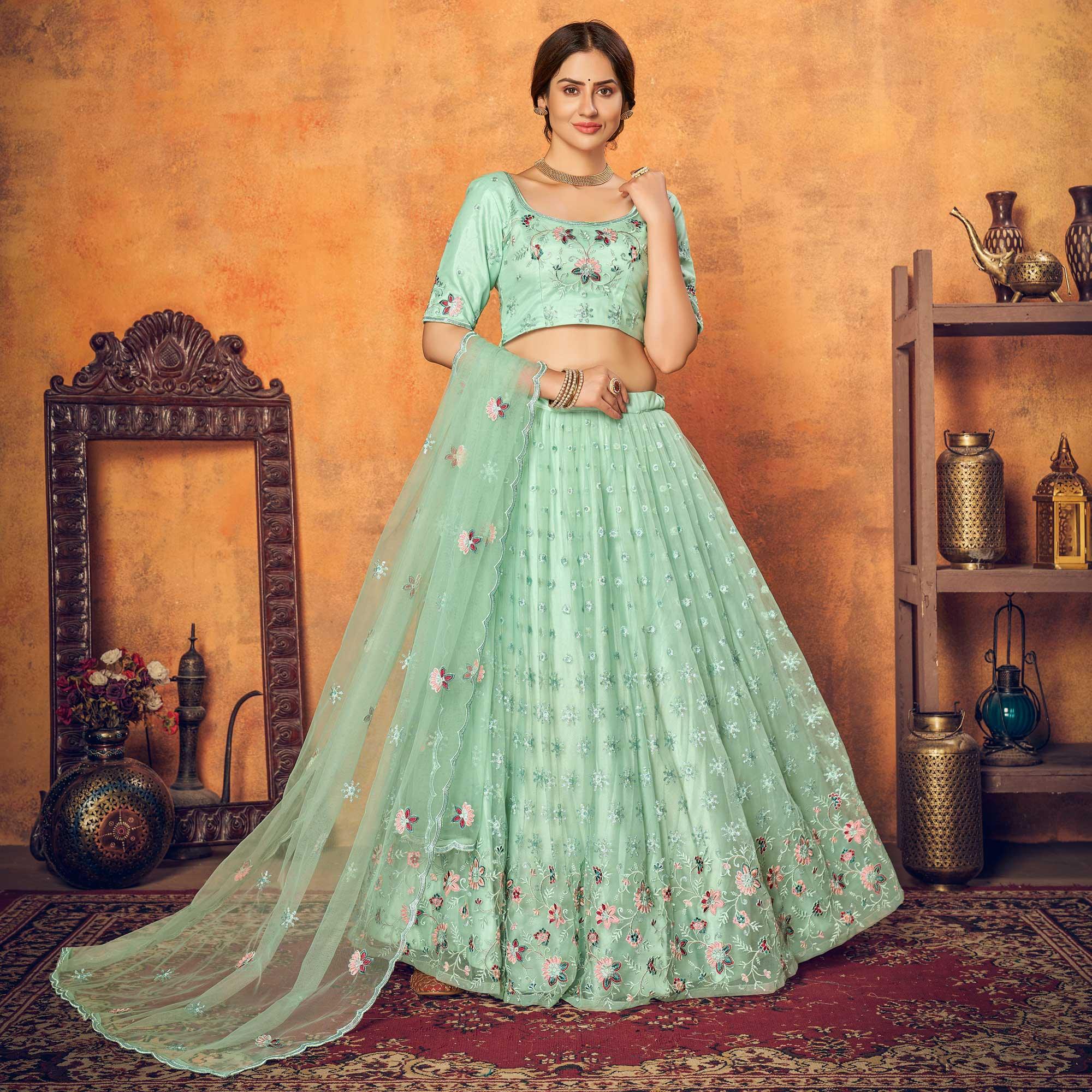 Mint Green Festive Wear Thread With Floral Sequence Embroidered Net Lehenga Choli - Peachmode