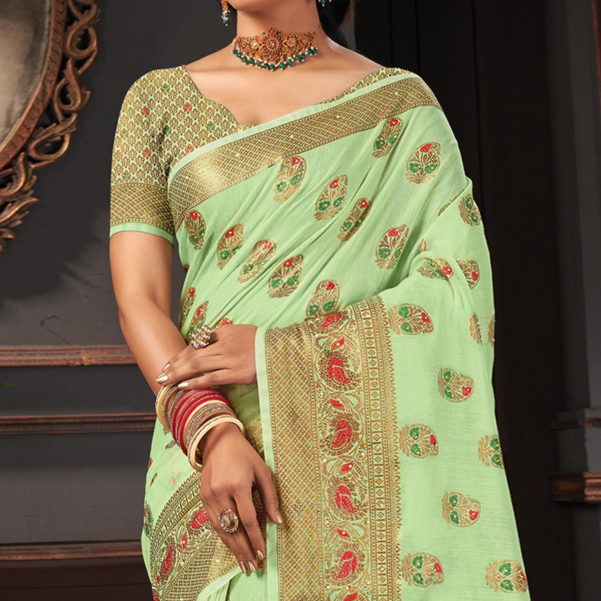 Mint Green Festive Wear Woven Cotton Saree - Peachmode