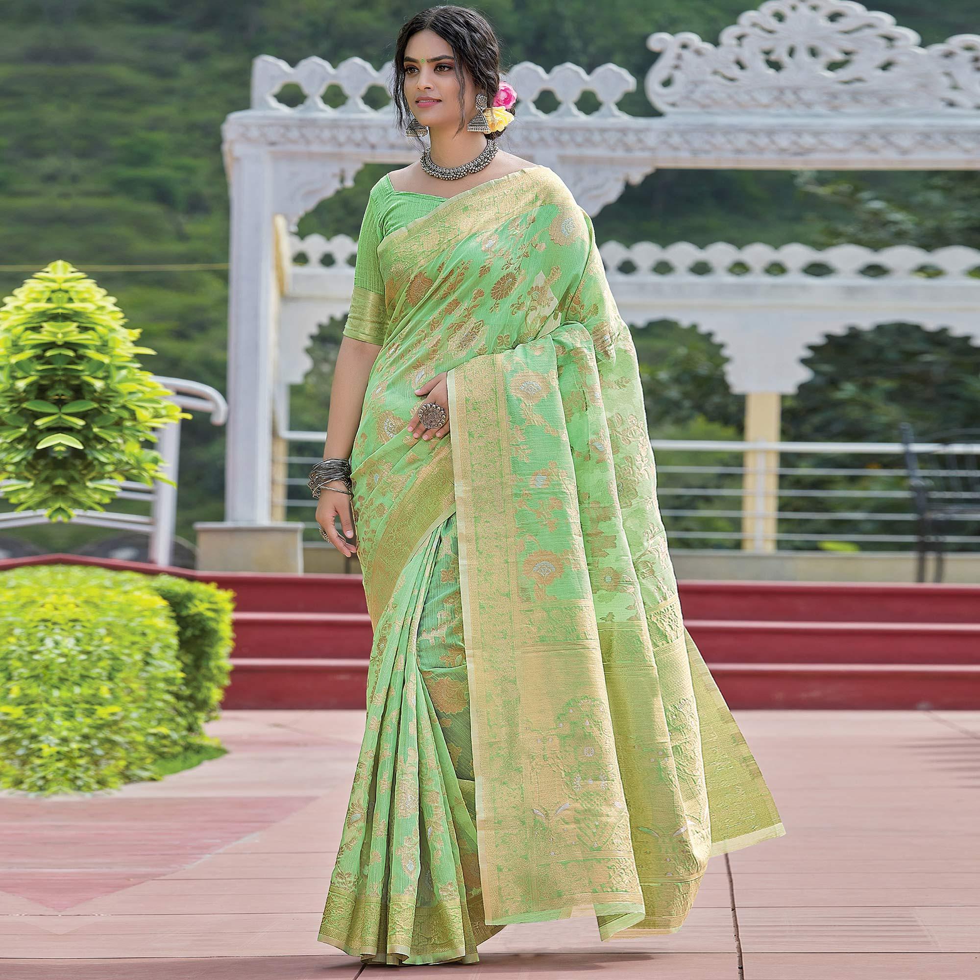 Mint Green Festive Wear Woven Linen Saree - Peachmode