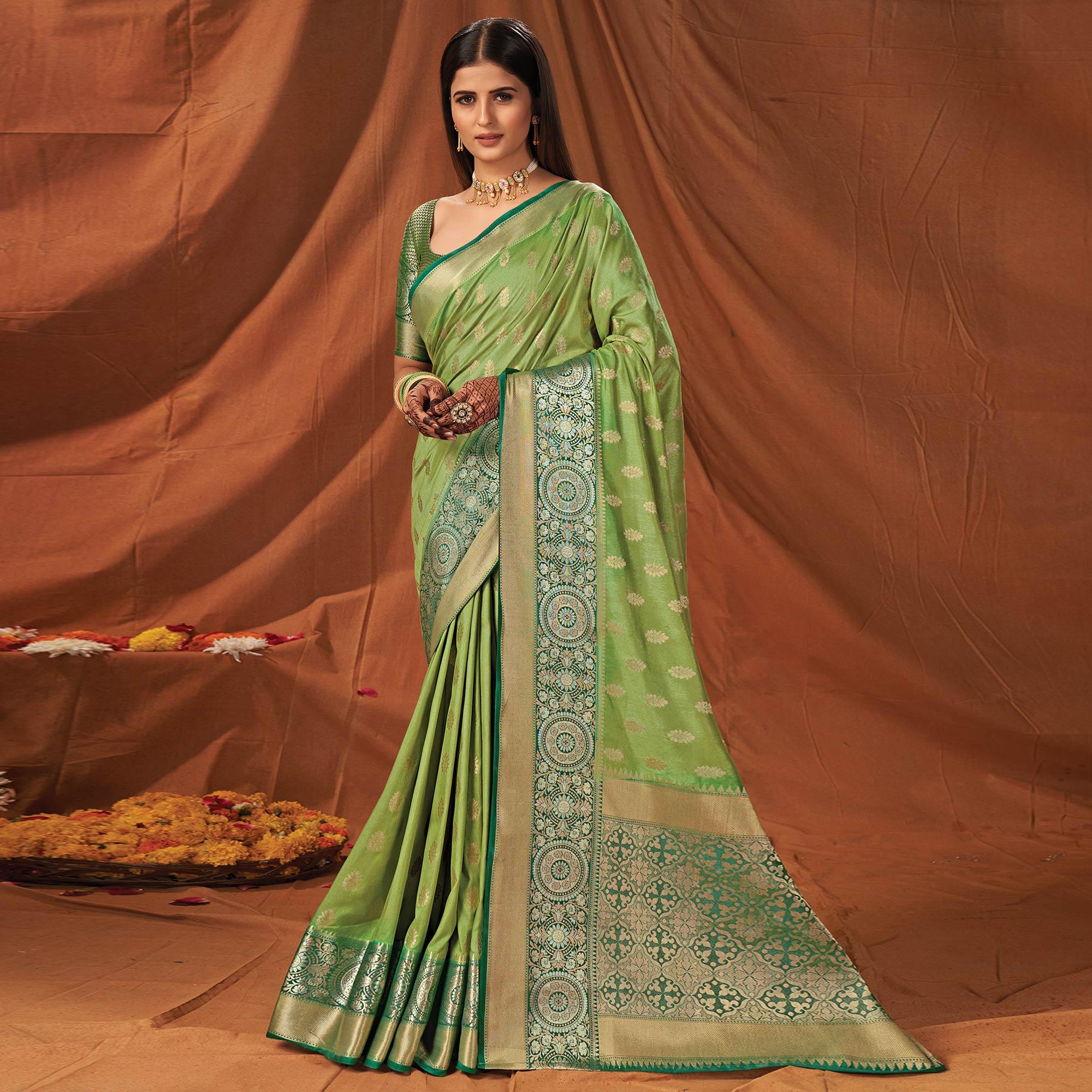 Mint Green Festive Wear Woven Silk Saree - Peachmode