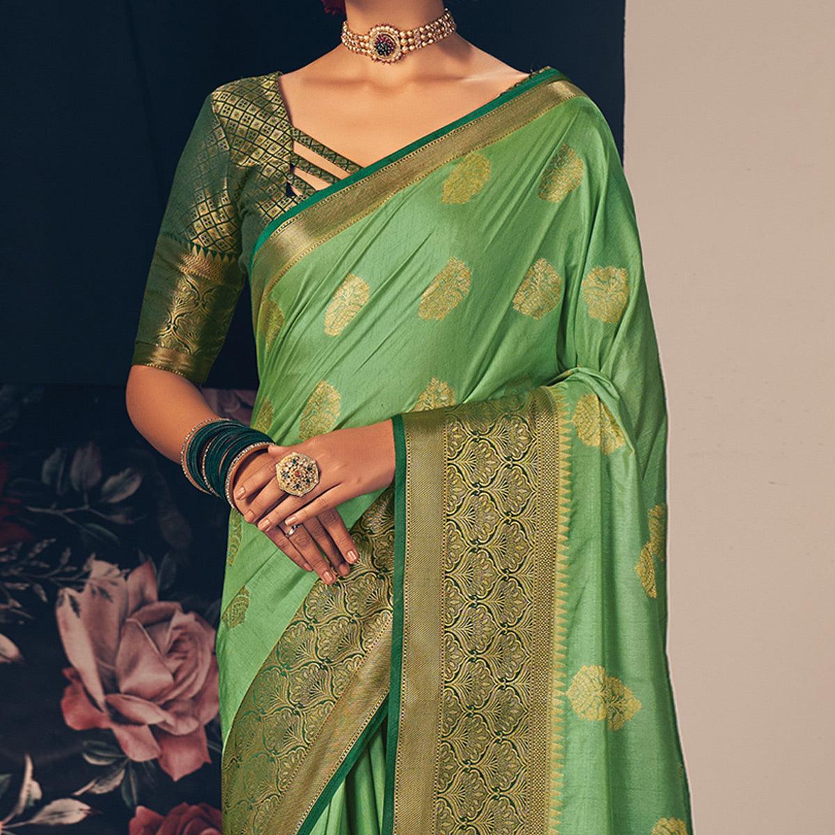 Mint Green Festive Wear Woven Silk Saree - Peachmode