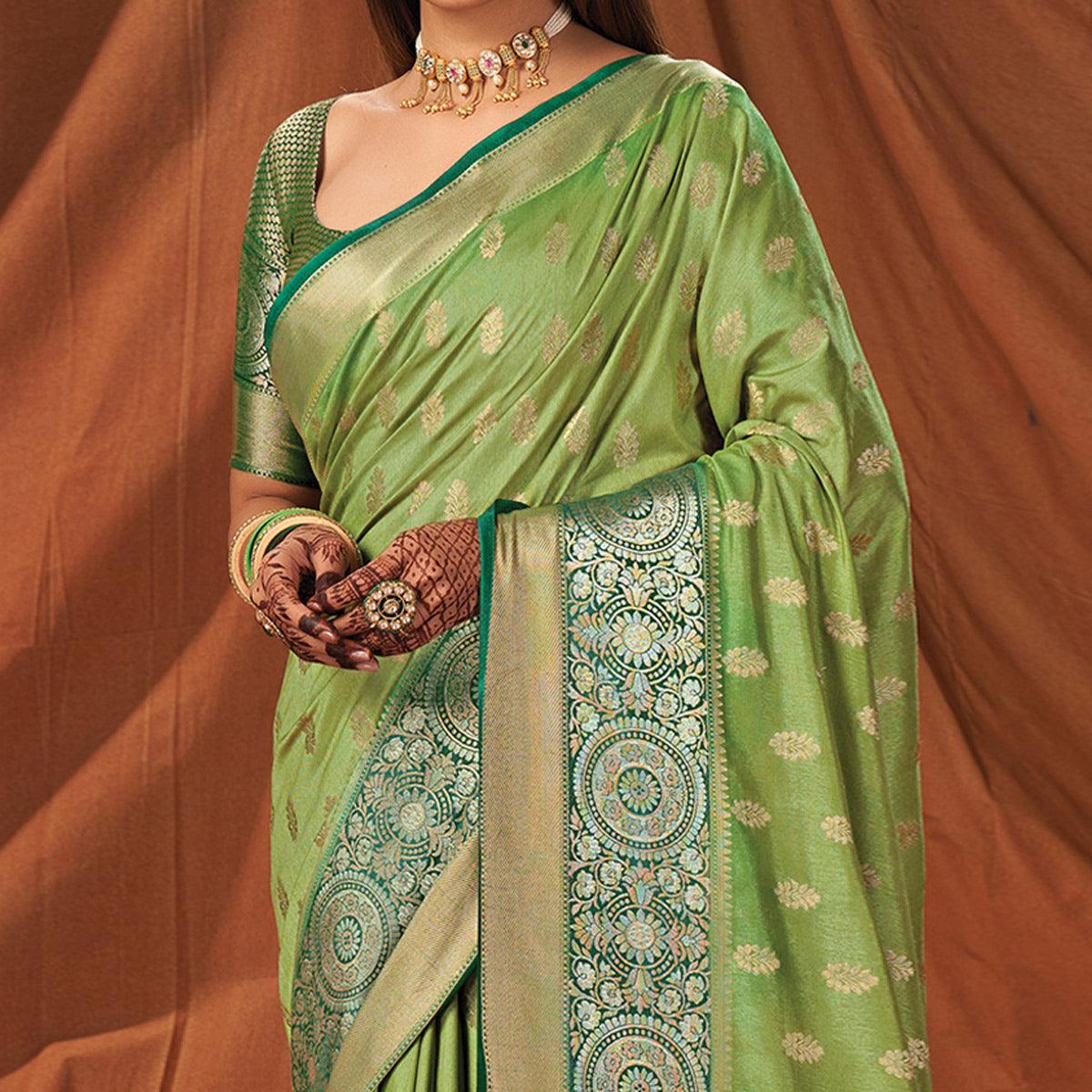 Mint Green Festive Wear Woven Silk Saree - Peachmode