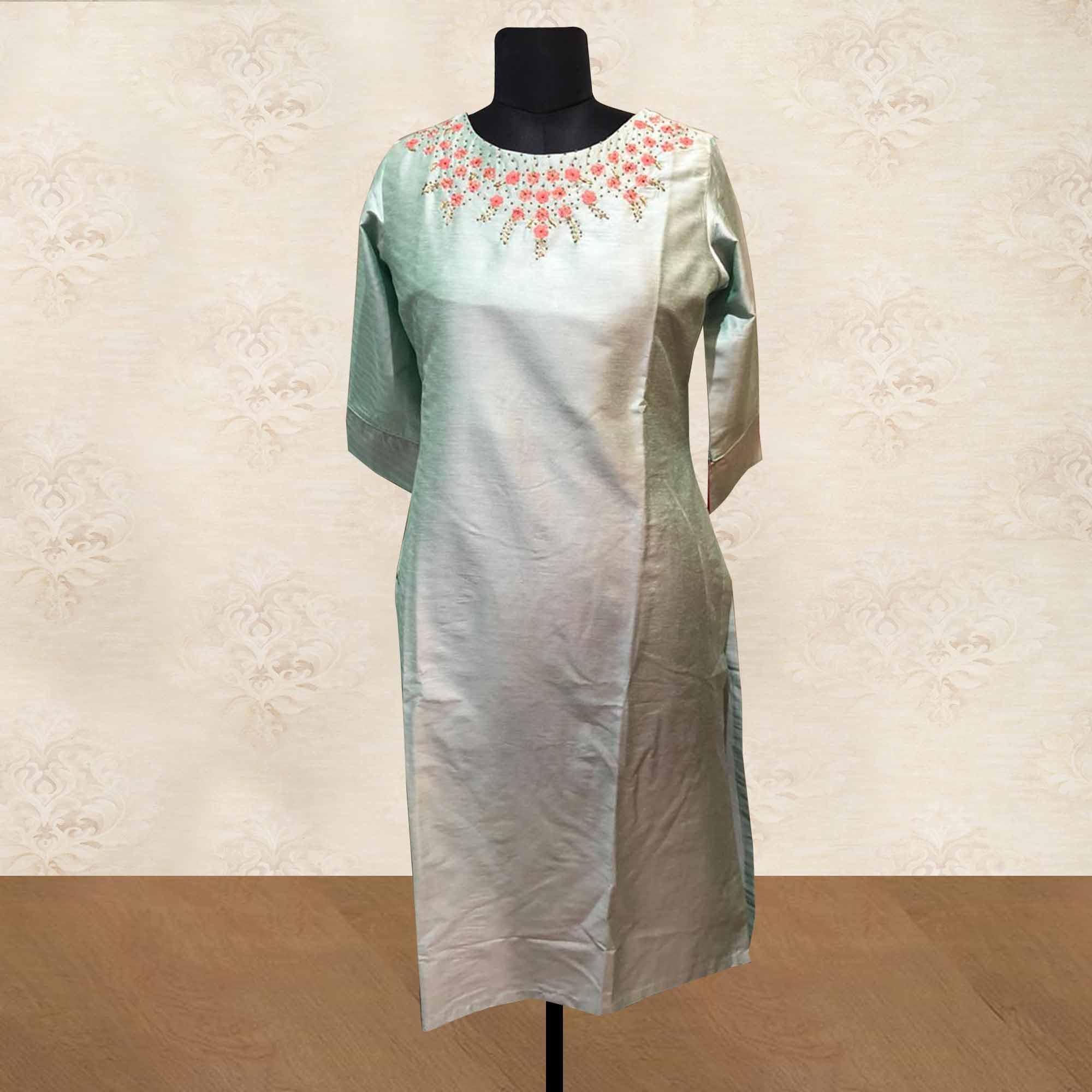 Mint Green Floral Embroidered Art Silk Kurti - Peachmode