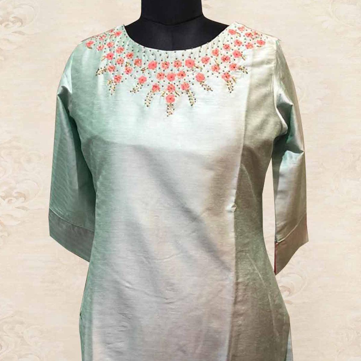 Mint Green Floral Embroidered Art Silk Kurti - Peachmode