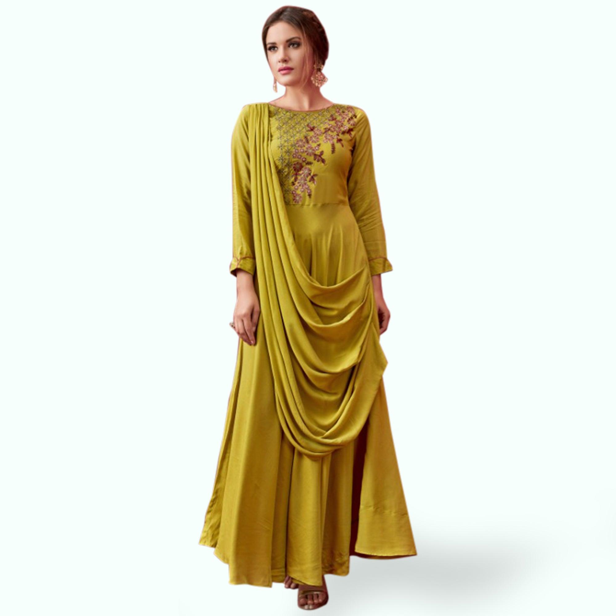 Mint Green Floral Embroidered Muslin Gown - Peachmode