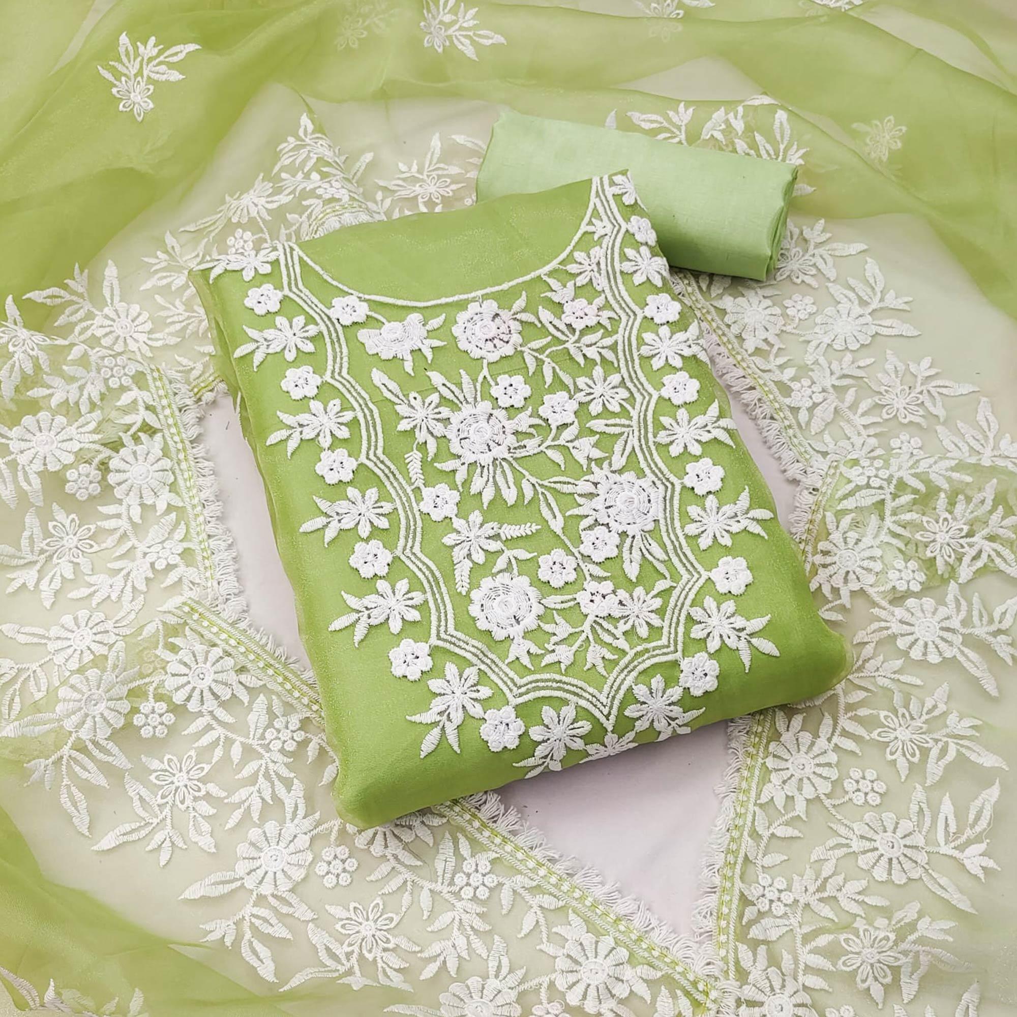 Mint Green Floral Embroidered Organza Dress Material - Peachmode