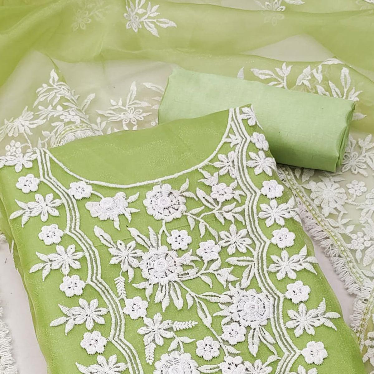 Mint Green Floral Embroidered Organza Dress Material - Peachmode