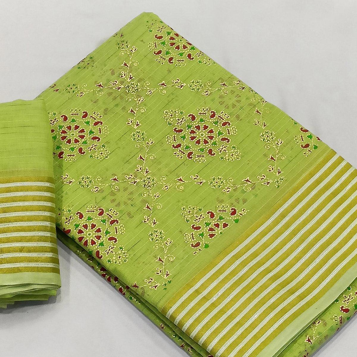 Mint-Green Floral Printed Pure Cotton Saree - Peachmode