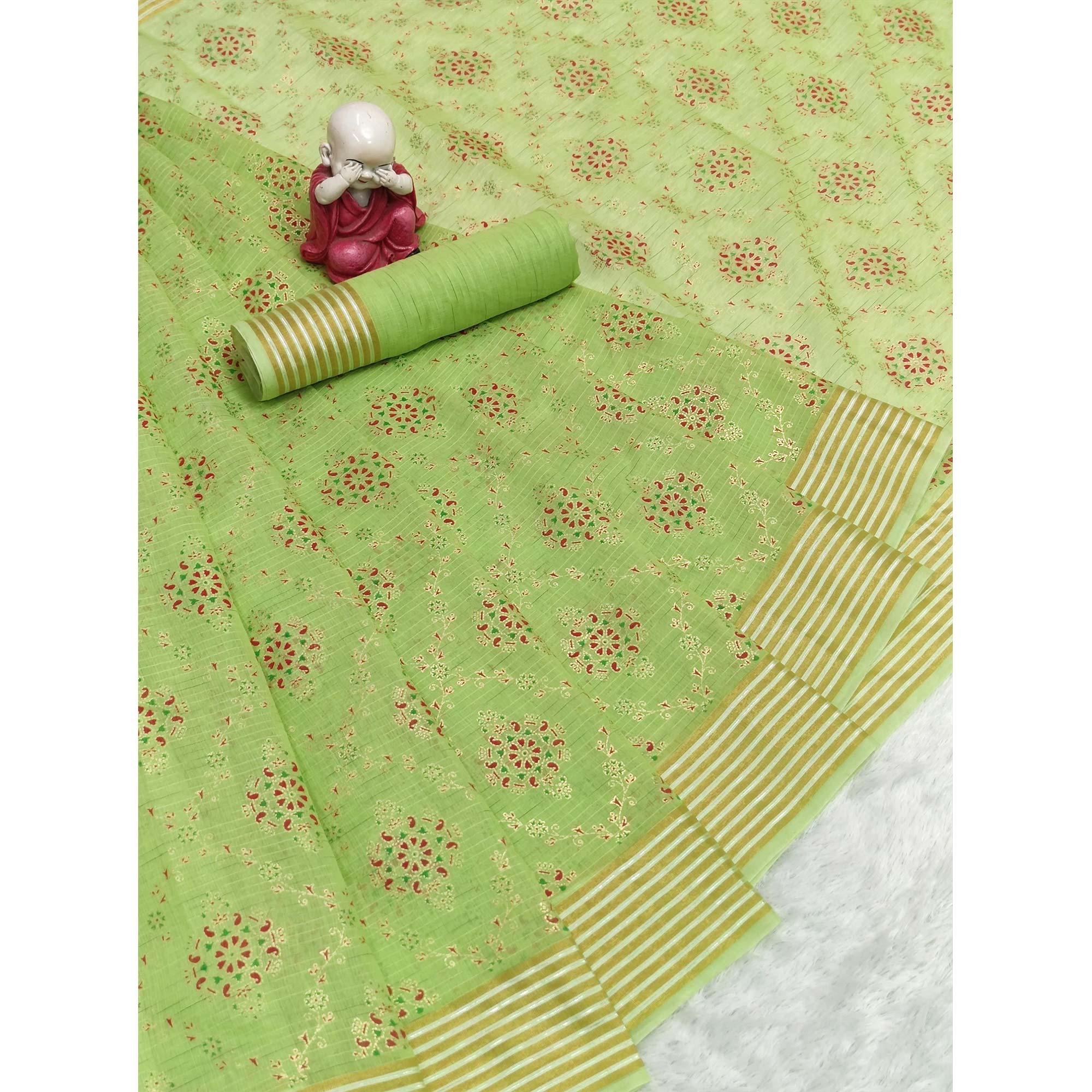 Mint-Green Floral Printed Pure Cotton Saree - Peachmode