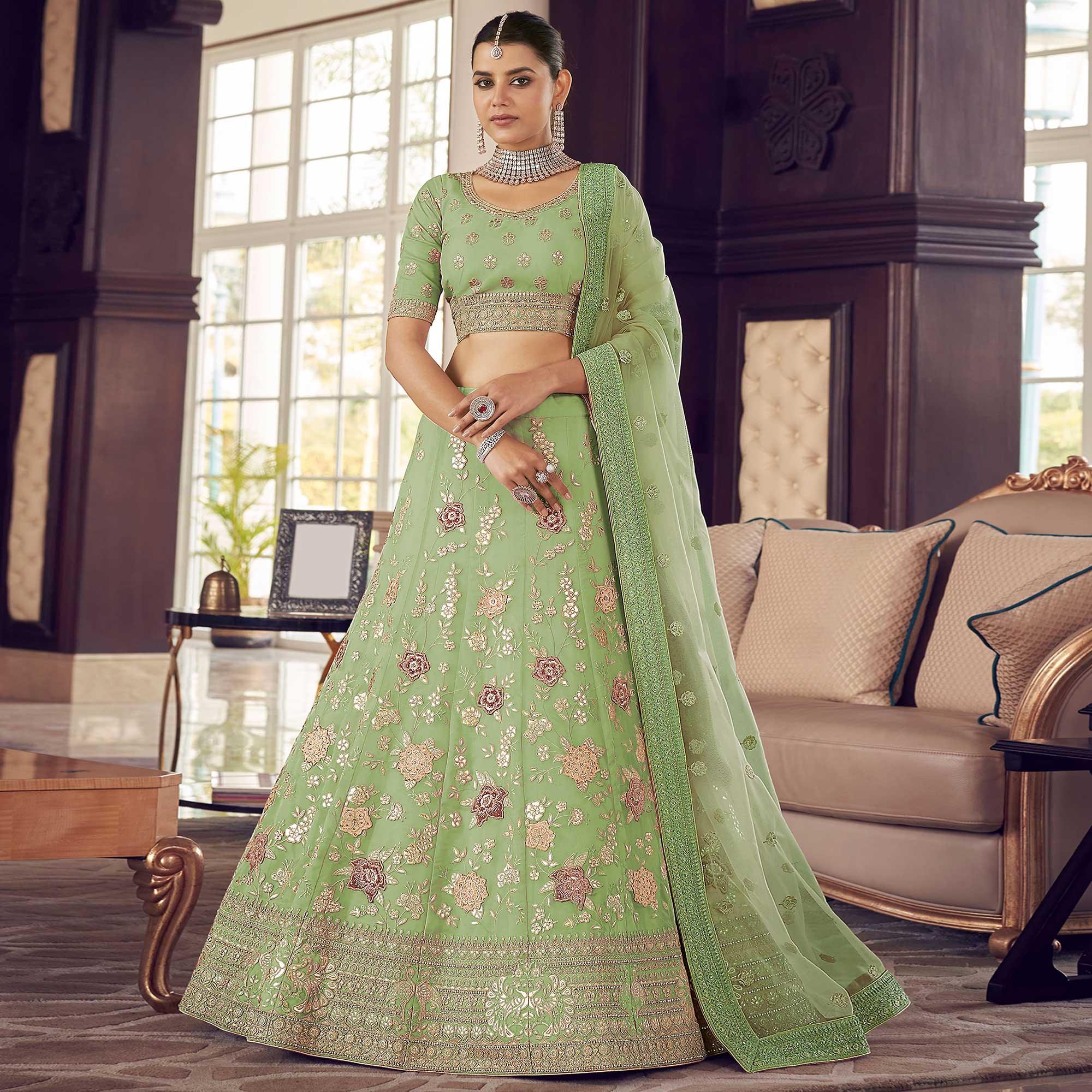 Mint Green Party Wear Embroidered Organza Lehenga Choli - Peachmode
