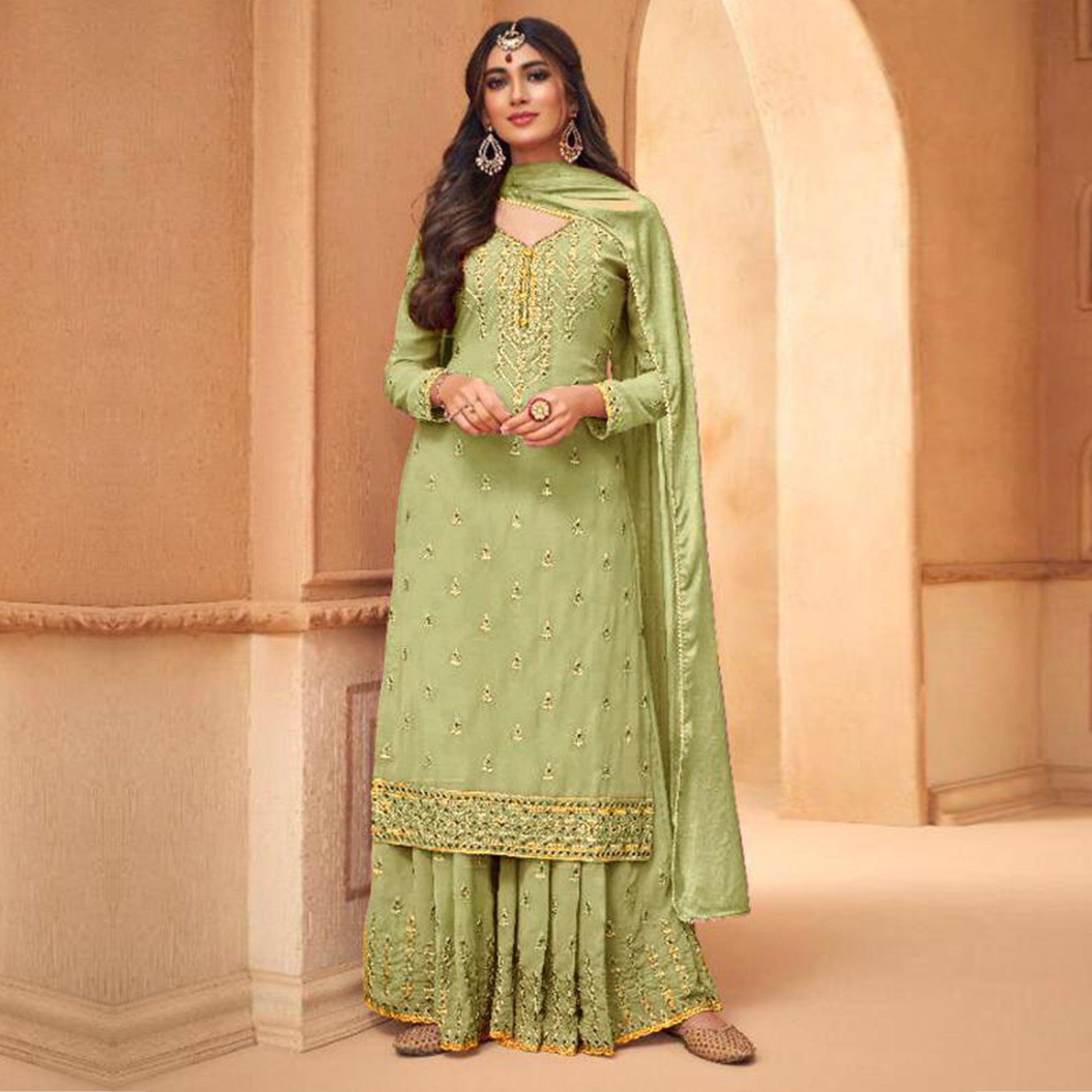 Mint Green Partywear Designer Embroidery Heavy Faux Georgette  Salwar suit - Peachmode