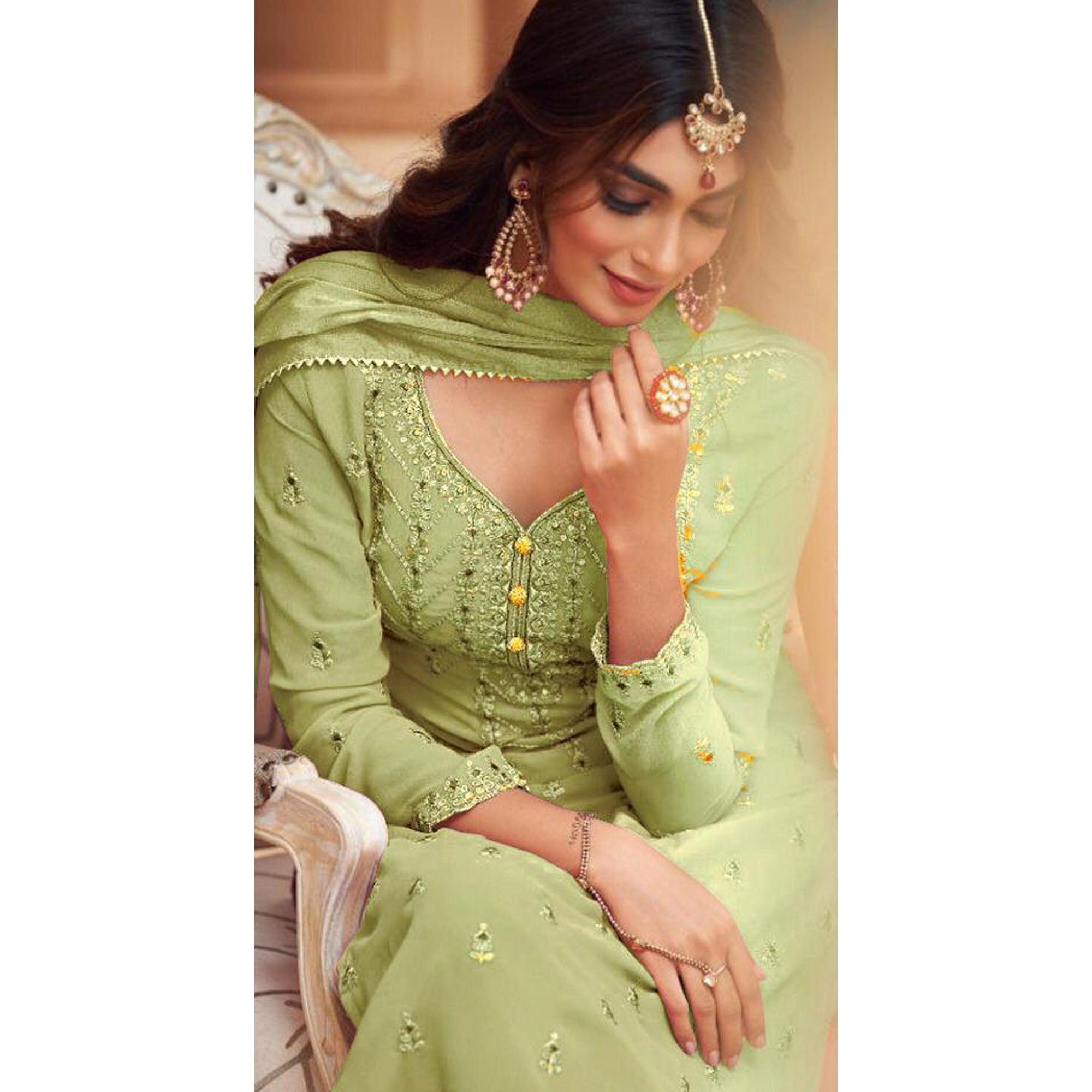 Mint Green Partywear Designer Embroidery Heavy Faux Georgette  Salwar suit - Peachmode