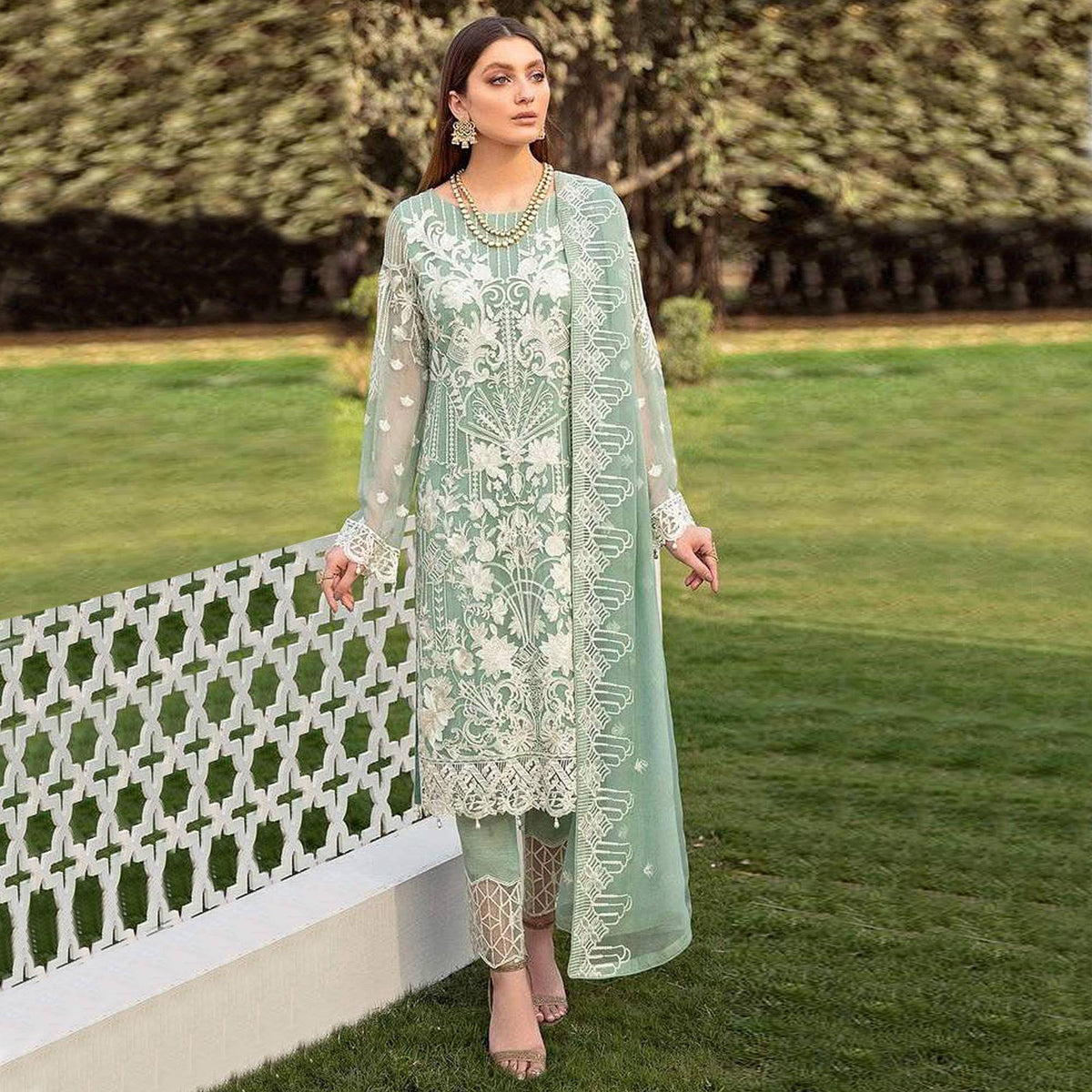 Mint Green Partywear Embroidered Faux Georgette Straight Pakistani