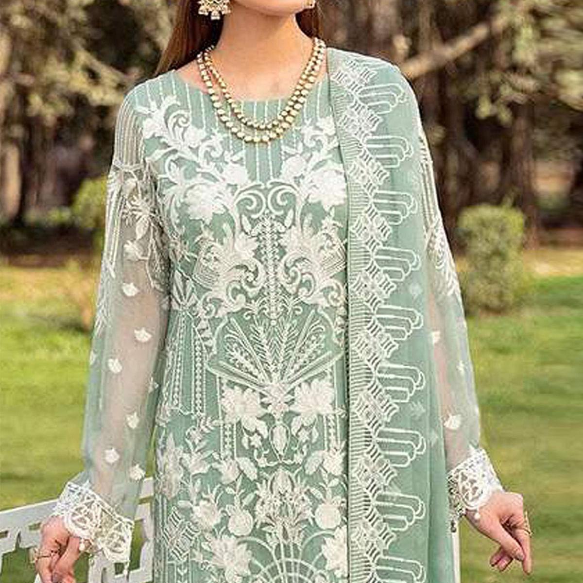 Mint Green Partywear Embroidered Faux Georgette Straight Pakistani Suit - Peachmode