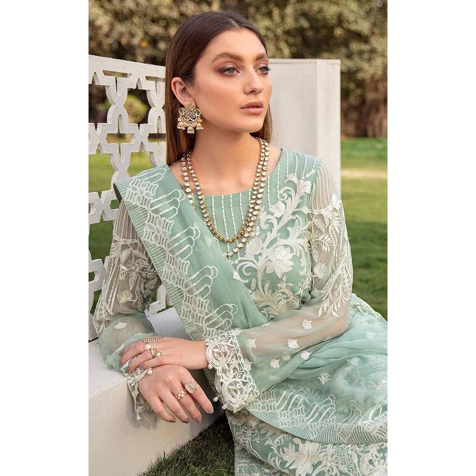 Mint Green Partywear Embroidered Faux Georgette Straight Pakistani Suit - Peachmode