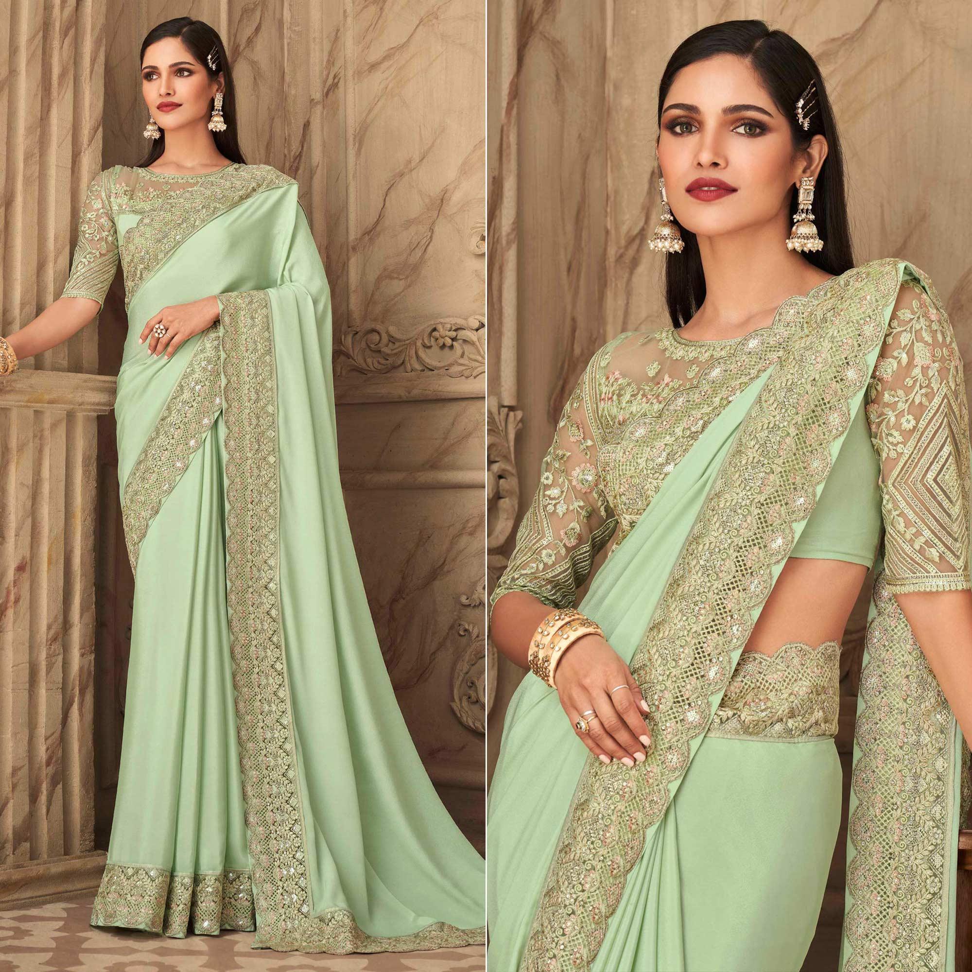 Mint Green Partywear Sequence Embroidered  Silk Saree - Peachmode