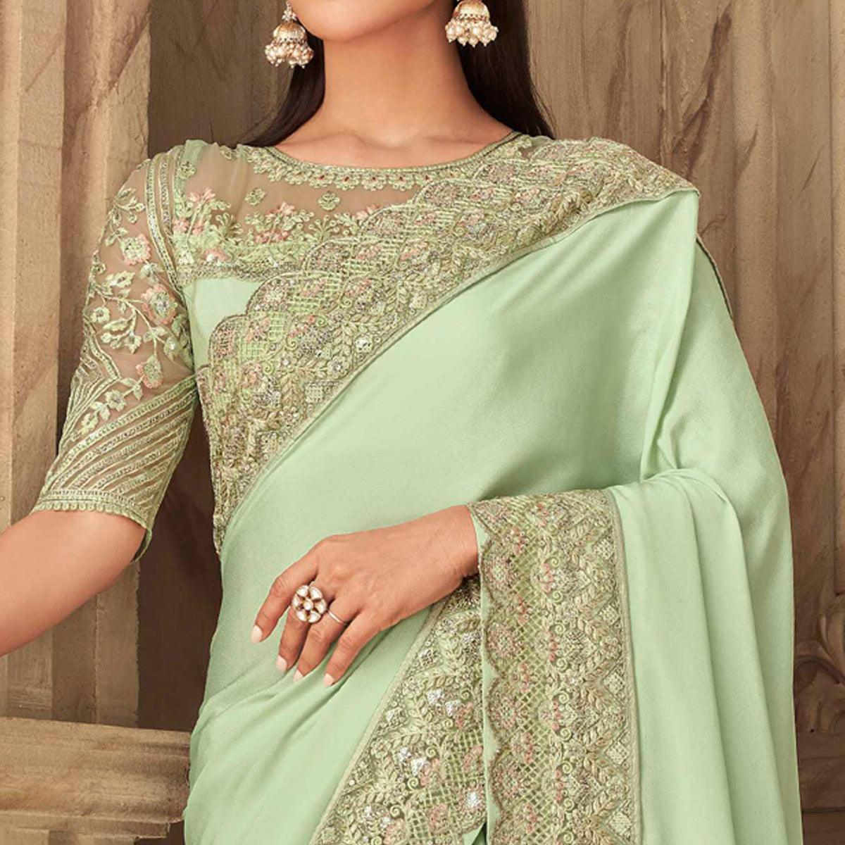Mint Green Partywear Sequence Embroidered  Silk Saree - Peachmode